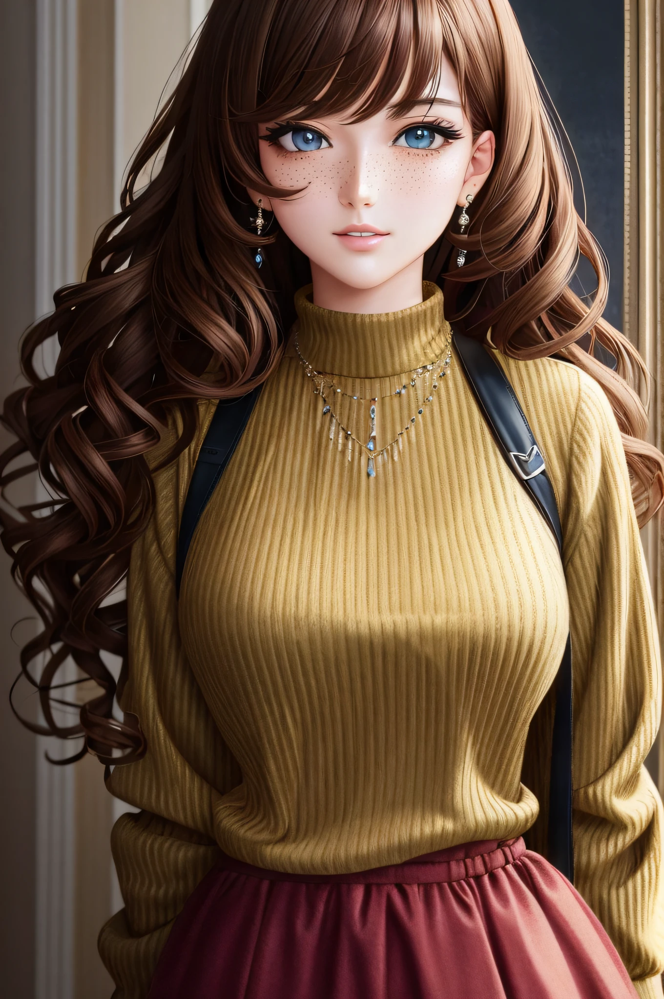 illustration, anime style,  (masterpiece, best quality, ultra-detailed, highres), perfect face, sidelighting, lustrous skin,(bloom), (shine), lighting, ray tracing,1girl, solo, brown hair, sweater, brown eyes, skirt, yellow sweater, hair bow, pink skirt, freckles, bow, pink bow, lips, turtleneck, upper body, curly hair, breasts, turtleneck sweater, parted lips, jewelry, depth_of_field,very detailed background, highly detailed background, Masterpiece, Ultra detailed, great composition,Dynamic angle,[Bottle bottom],(wide shot), extremely delicate and beautiful,(Highest picture quality), (Master's work),   depth of field, solo, extreme light and shadow, masterpiece, rich in detail, (fine features), (highest quality), (masterpiece), (detailed eyes), (beautiful) detailed,beautiful detailed eyes,(straight-on), full body, (extremely detailed CG unity 8k wallpaper),(masterpiece), (best quality), (ultra-detailed), (best illustration),(best shadow),perfect lighting , perfect anatomy