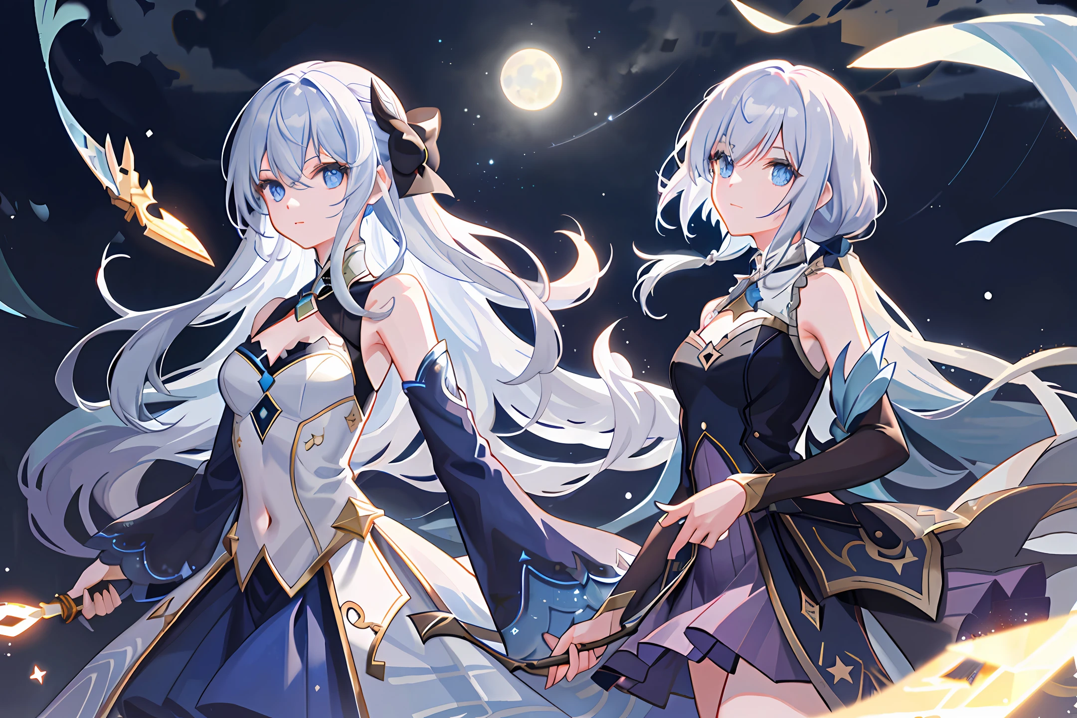 #绘图 (star_(sky): 1.2), (starry_sky: 1.2), (1girl: 1.2), (rating:safe: 1.2), (space: 1.2), (starry_sky_print: 1.2), (night_sky: 1.2), (night: 1.2), (shooting_star: 1.2), (breasts: 1.1), (solo: 1.1), (constellation: 1.1), (long_hair: 1.1), (aurora: 1.1), (light_particles), (sky), bow, dress, looking_at_viewer, moon, cleavage, planet, medium_breasts, galaxy, very_long_hair, holding, bangs, braid, silver_hair, blue_eyes, earth_(planet), sword, navel, holding_weapon, holding_sword, star_(symbol), full_moon, hair_bow, milky_way, weapon, standing, moonlight, sleeveless_dress, eyebrows_visible_through_hair, hair_between_eyes, sidelocks, ribbon, sleeveless, snowing, grey_eyes, cowboy_shot, floating_hair, detached_sleeves, closed_mouth,