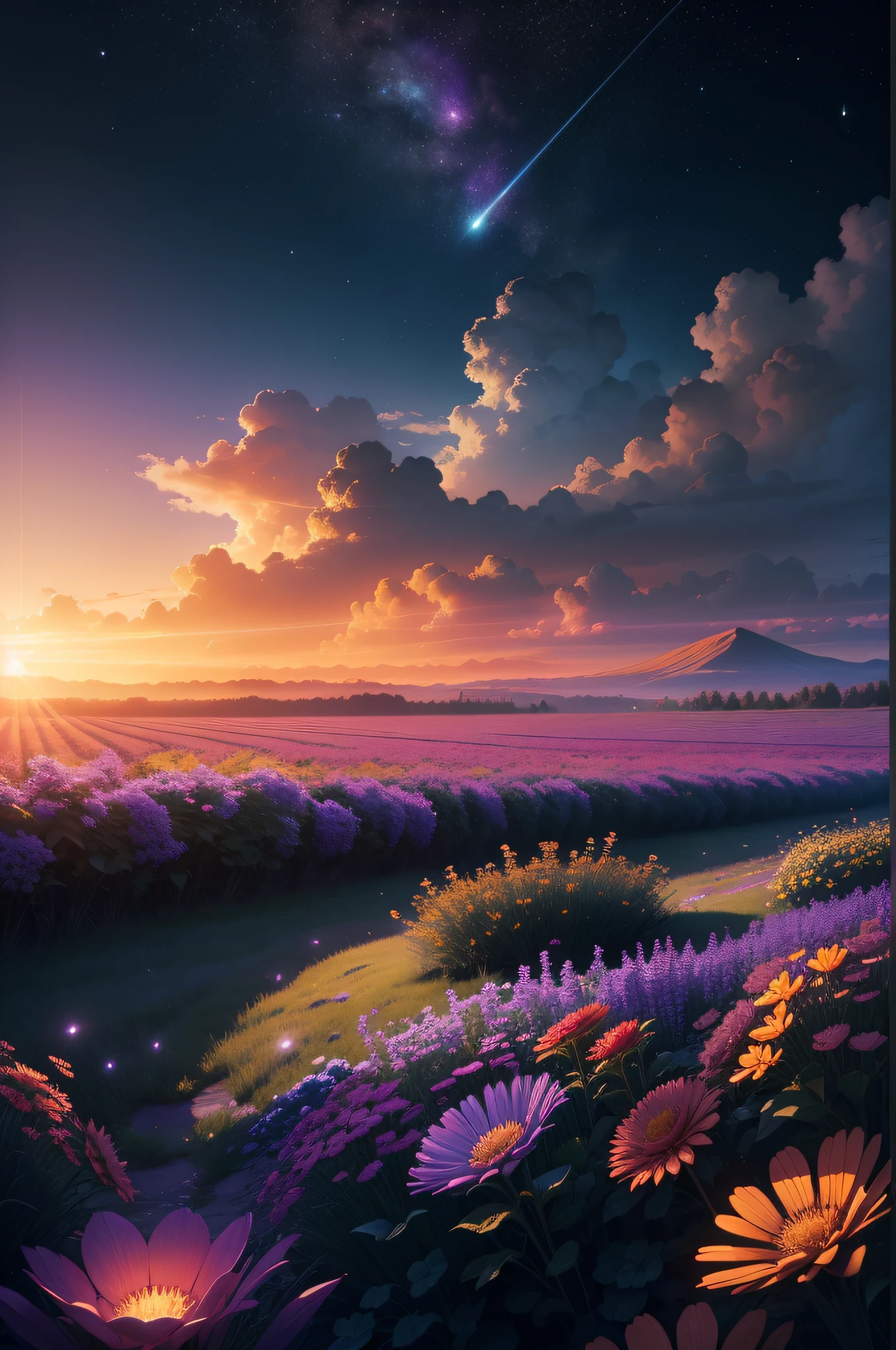 Vast sunrise landscape photos, (from below, sky above, open fields below), flower fields (best quality), 4k, ultra-detailed, (meteors: 0.9), (nebulae: 1.3), distant mountains, trees BREAK making art, (warm light source: 1.2), (fireflies: 1.2), lamps, lots of purple and orange, intricate details, volumetric lighting, realism BREAK (Masterpiece: 1.2), (Best Quality), 4K, Ultra-Detailed, (Dynamic Composition: 1.4), Very Detailed, Colorful Detail, (Iridescent Color: 1.2), (Glow Illumination, Atmospheric Lighting), Dreamy, Magical, (Solo: 1.2)