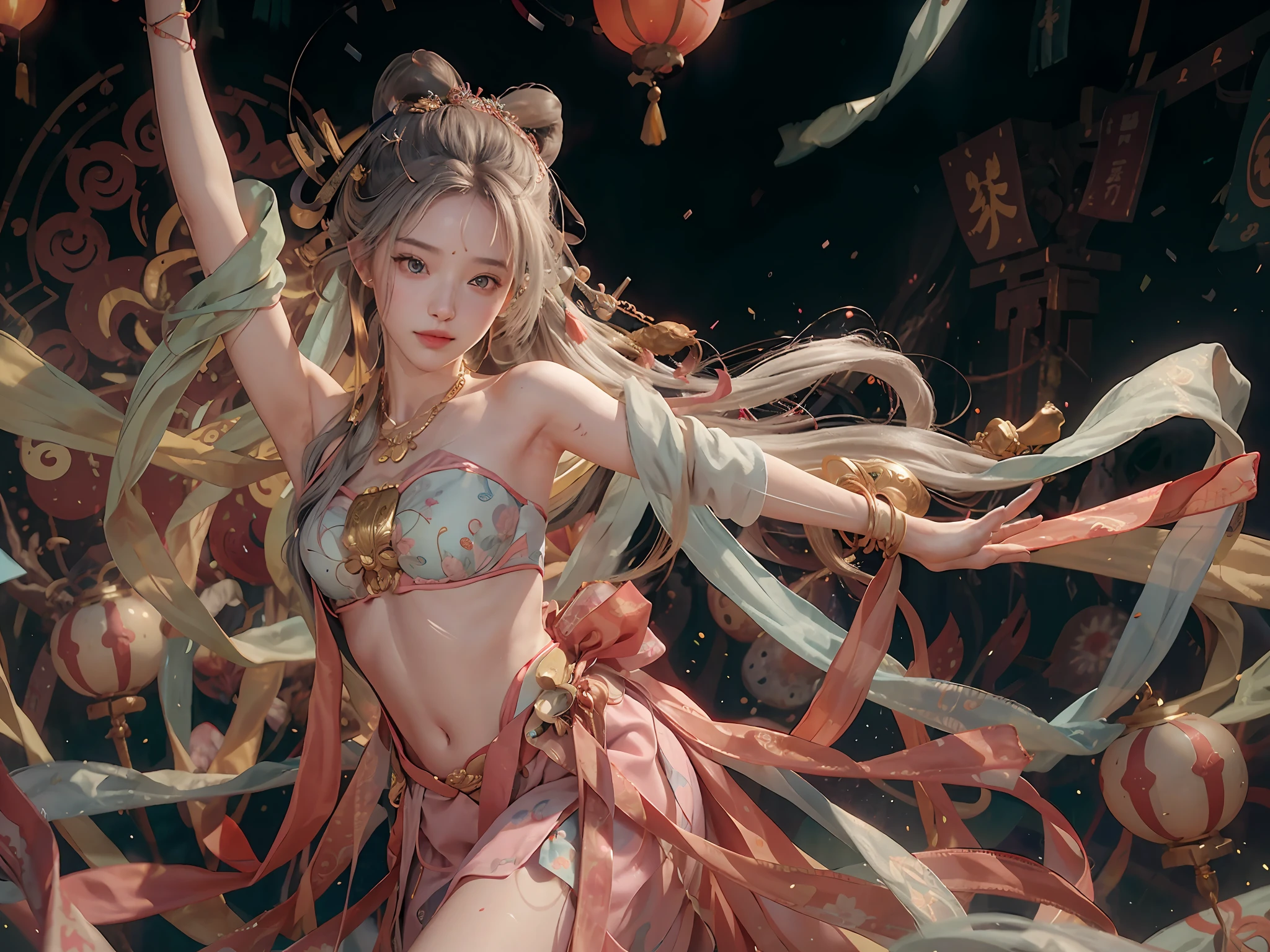(RAW Photo, Best Quality), (Realistic, Photorealistic Real: 1.3), Best Quality, Highly Detailed, Masterpiece, Ultra Detailed, Illustration, 1 Girl, upper_body, Dynamic Angle, World Mastery Theater, messy_long_hair, Best Quality, Extremely Detailed CG Unified 8k Wallpaper, Ink, Amazing, Sexy, Peach Blossom Eyes, Gray Hair, Smile, Movie Lights, lens_flare, dunhuang_style, Dancing, Crop button, shoulders, streamers, floating, lanterns