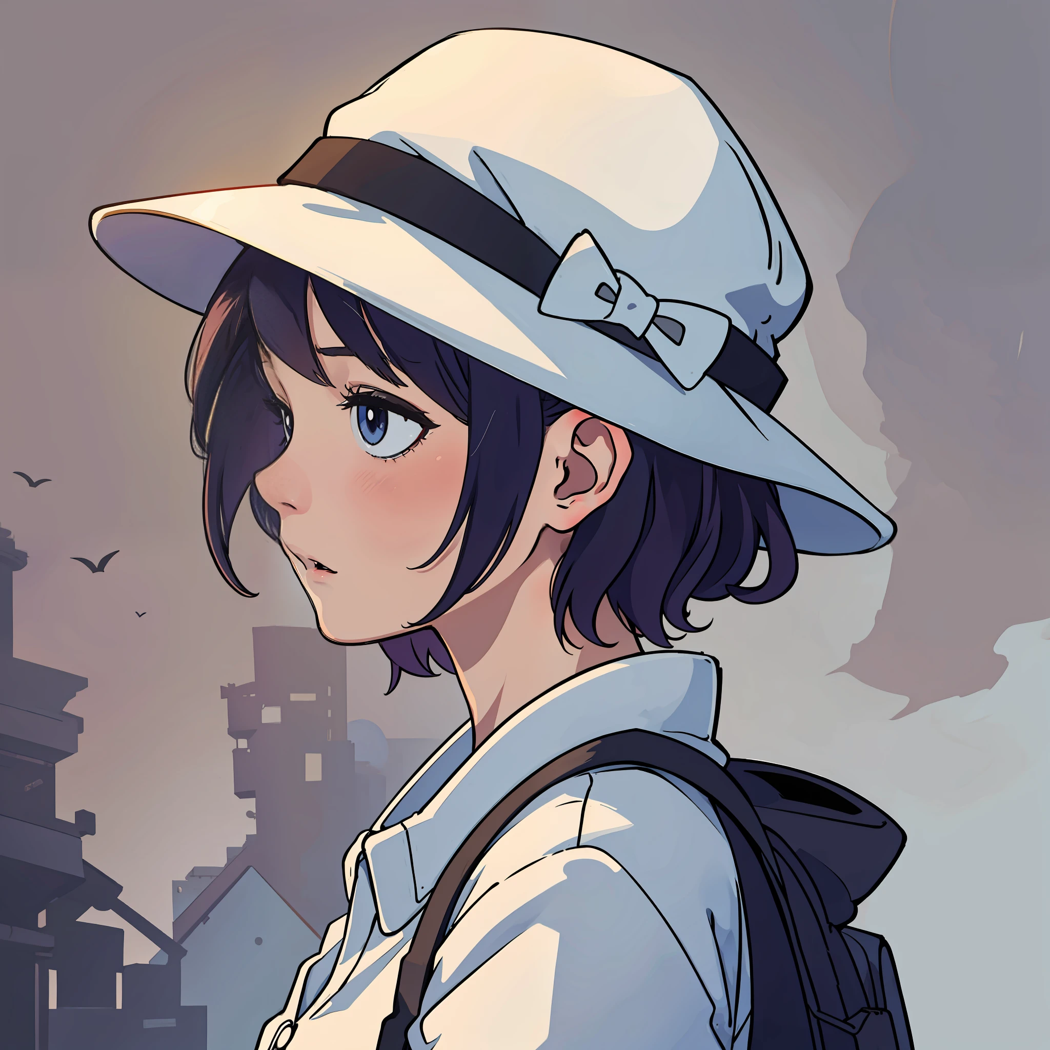 anime,1girl,from side,looking away,hat,short cut, portrait