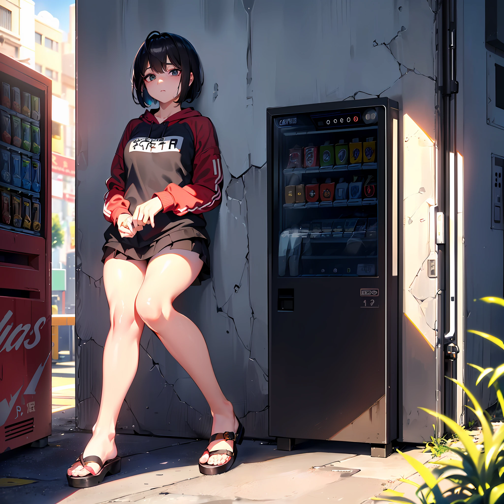 (8k, top quality, masterpiece: 1.2), (realistic, photorealistic: 1.37), super detailed, one girl, one person, (((unkempt hair)), short hair, bob hair, black hair, (long face), breasts small, thin, 16 years old, competitive swimsuit, Enoshima, (((big eyes)), black and brown pupils, sleepy eyes, eye bags, helpless eyes, depressed eyes, dark areas around the eyes, ((under shadow)), (( Leaning on the vending machine)), ((looking at the ground)), (head down: 0.8), mouth closed, expressionless, (looking down)), thigh light, (light from behind) sloppy hands, (sandals)), ((from the side)), squatting, ((knee in front of chest: 1.2)), canned drink (small), knee closed, vending machine background, outdoor, large ((red vending machine)), red vending machine, (residential area housing details: 1.3) behind (Detailed Beautiful Sky: 1.5), (Clouds: 1.4), (Uphill Alley Behind: 1.2), (((Alley)), Close Lens, Road Sign