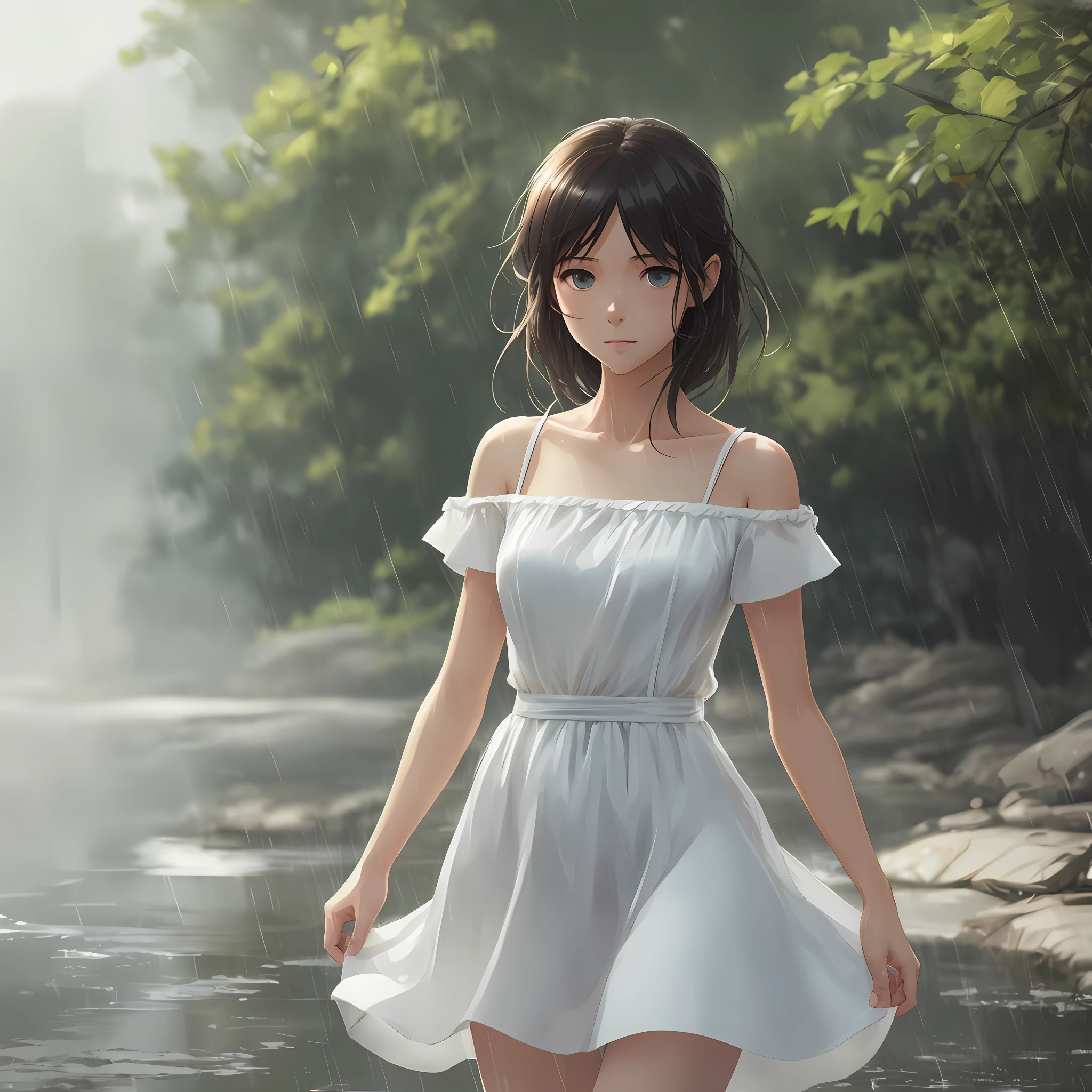 1 girl, white dress, rain, outdoors, summer, look at another, messy hair, trending on ArtStation, 8K resolution, very detailed and anatomically correct, sharp images, digital painting, concept art, trending on pixiv, style of Makoto Shinkai, --auto --s2