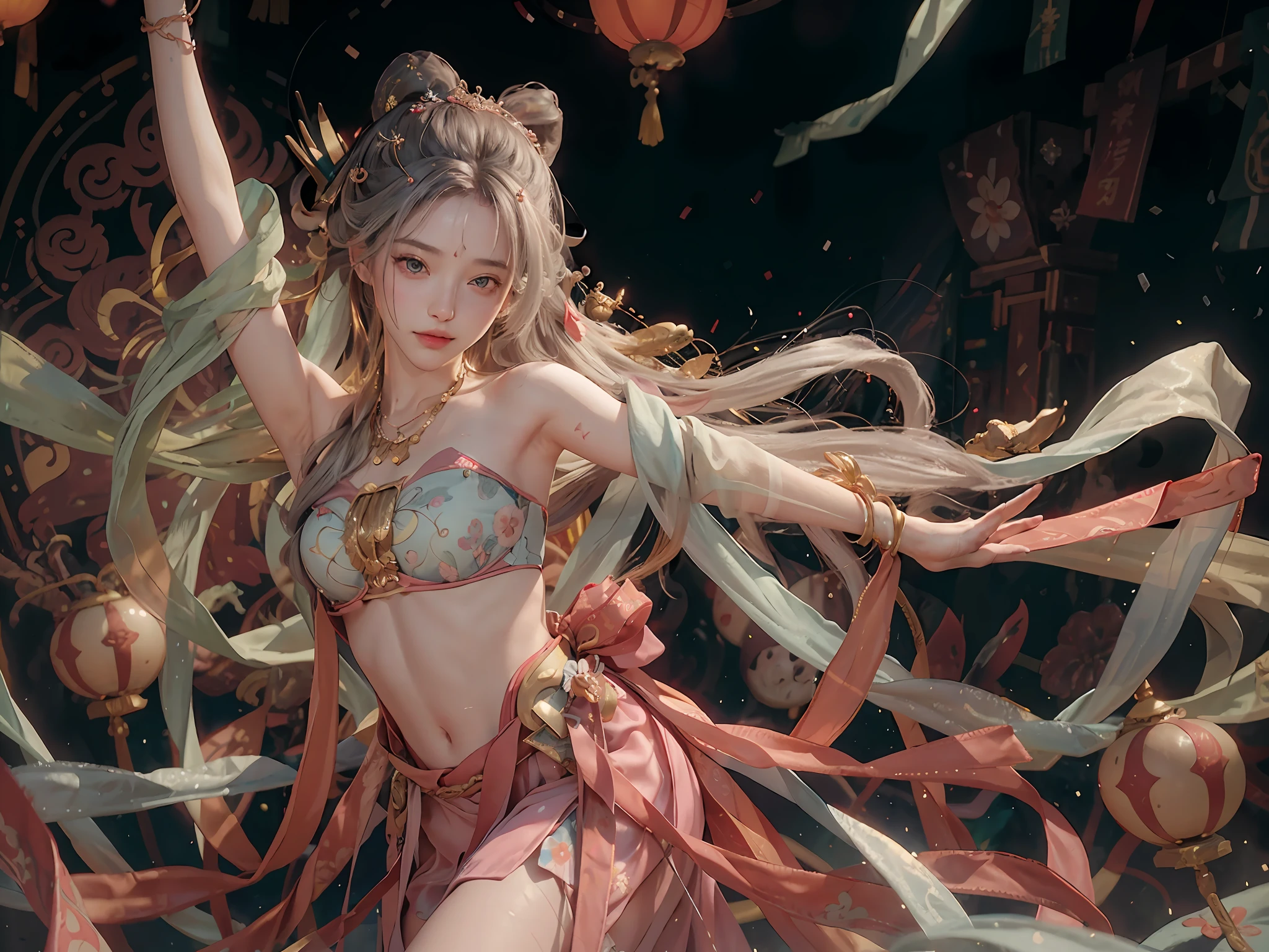 (RAW Photo, Best Quality), (Realistic, Photorealistic Real: 1.3), Best Quality, Highly Detailed, Masterpiece, Ultra Detailed, Illustration, 1 Girl, upper_body, Dynamic Angle, World Mastery Theater, messy_long_hair, Best Quality, Extremely Detailed CG Unified 8k Wallpaper, Ink, Amazing, Sexy, Peach Blossom Eyes, Gray Hair, Smile, Movie Lights, lens_flare, dunhuang_style, Dancing, Crop button, shoulders, streamers, floating, lanterns