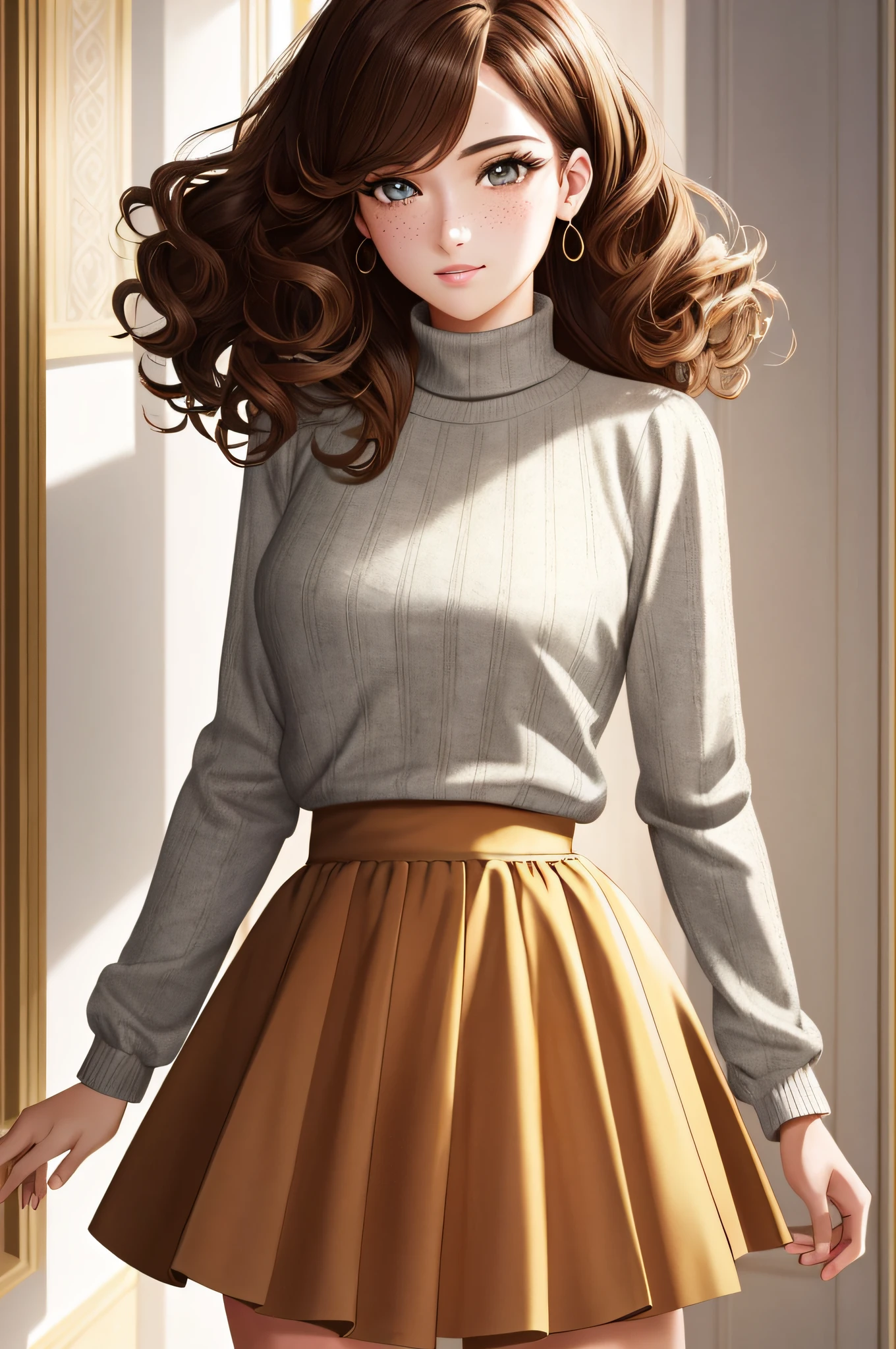 illustration, anime style,  (masterpiece, best quality, ultra-detailed, highres), perfect face, sidelighting, lustrous skin,(bloom), (shine), lighting, ray tracing,1girl, solo, brown hair, sweater, brown eyes, skirt, yellow sweater, hair bow, pink skirt, freckles, bow, pink bow, lips, turtleneck, upper body, curly hair, breasts, turtleneck sweater, parted lips, jewelry, depth_of_field,very detailed background, highly detailed background, Masterpiece, Ultra detailed, great composition,Dynamic angle,[Bottle bottom],(wide shot), extremely delicate and beautiful,(Highest picture quality), (Master's work),   depth of field, solo, extreme light and shadow, masterpiece, rich in detail, (fine features), (highest quality), (masterpiece), (detailed eyes), (beautiful) detailed,beautiful detailed eyes,(straight-on), full body, (extremely detailed CG unity 8k wallpaper),(masterpiece), (best quality), (ultra-detailed), (best illustration),(best shadow),perfect lighting , perfect anatomy
