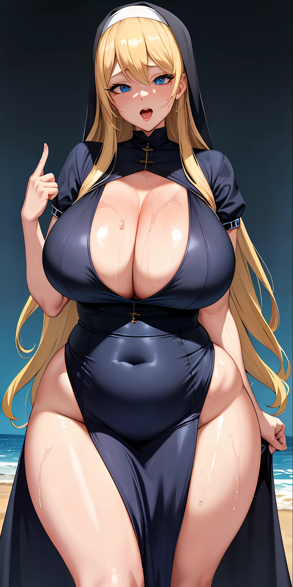 Standing, huge breasts, plump, pretty face, thickness body,blonde hair, blue eyes, tongue out, open mouth, masterpiec, ultra quality, 4k quality, high details, nun, sweaty, wet dress, mom, 1 girl,