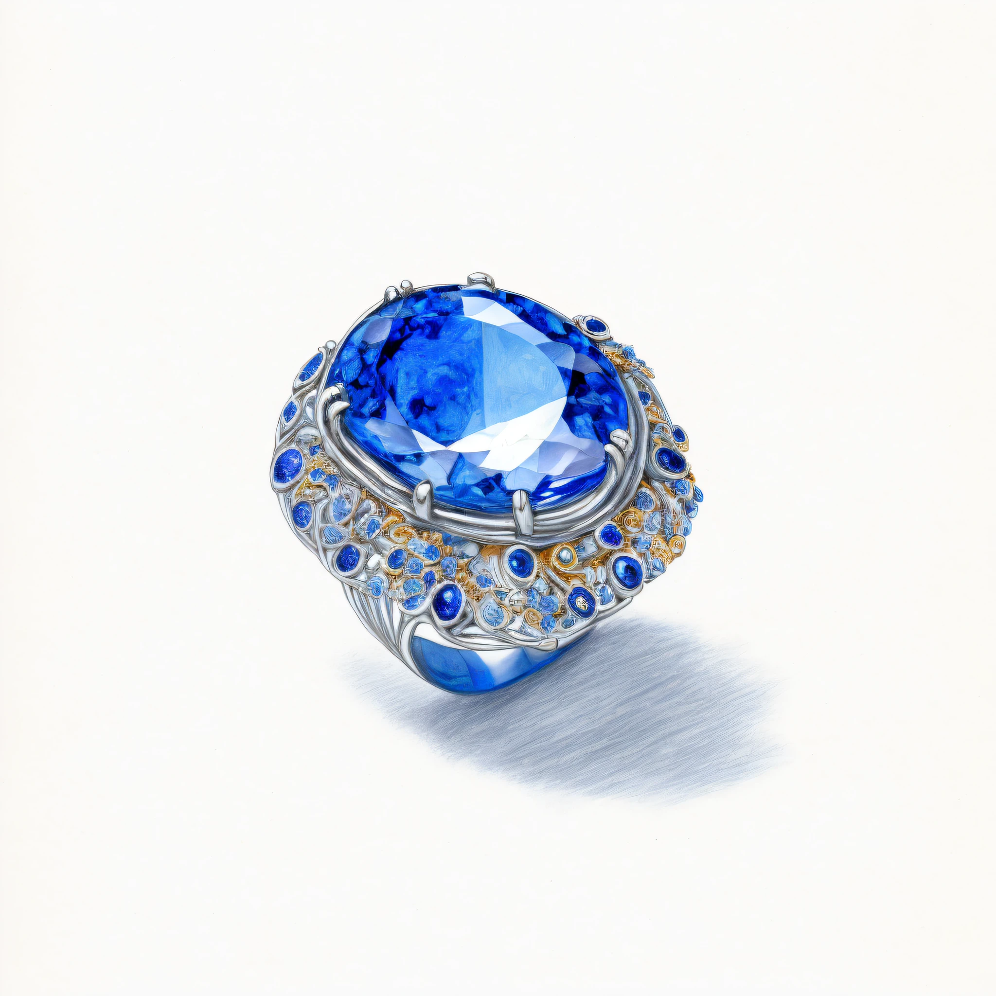 drawing of a ring with a blue stone surrounded by flowers, jewelry design, inspired by Pieter de Ring, silver and sapphire, inspired by József Borsos, colored sketch, by Jacob Kainen, a color pencil sketch, by Aleksander Gierymski, by Junsaku Koizumi, by Robert Zünd, by Mathias Kollros