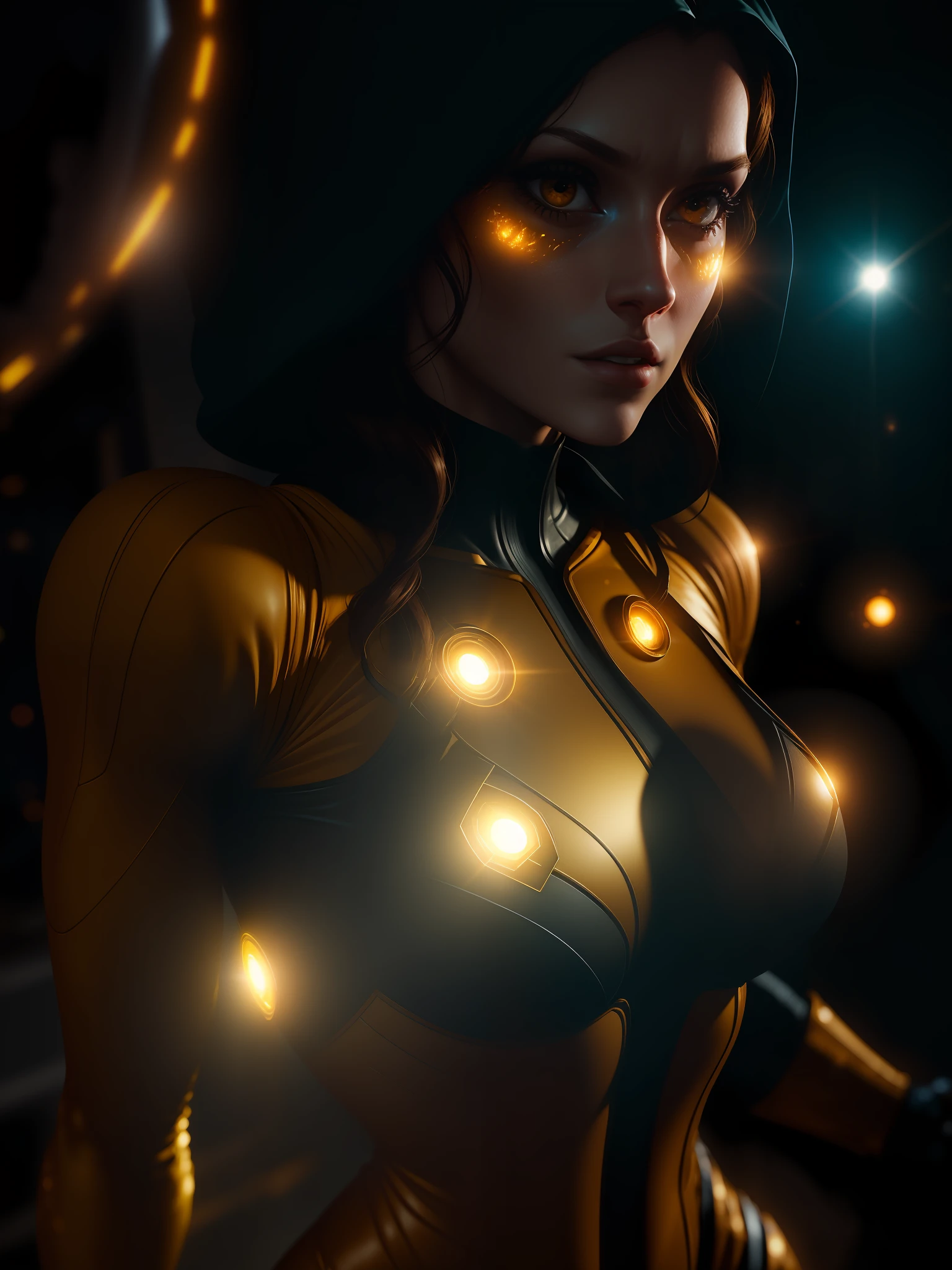 Movie scene, close-up shot of Woman dressed as Yellow Lantern from DC, distorted space, distorted undead in the background, lens flares, light shafts, intricate details, highly detailed, volumetric lighting, 4k rendering, stock photo, hyperrealistic, realistic textures, dramatic lighting, Unreal Engine