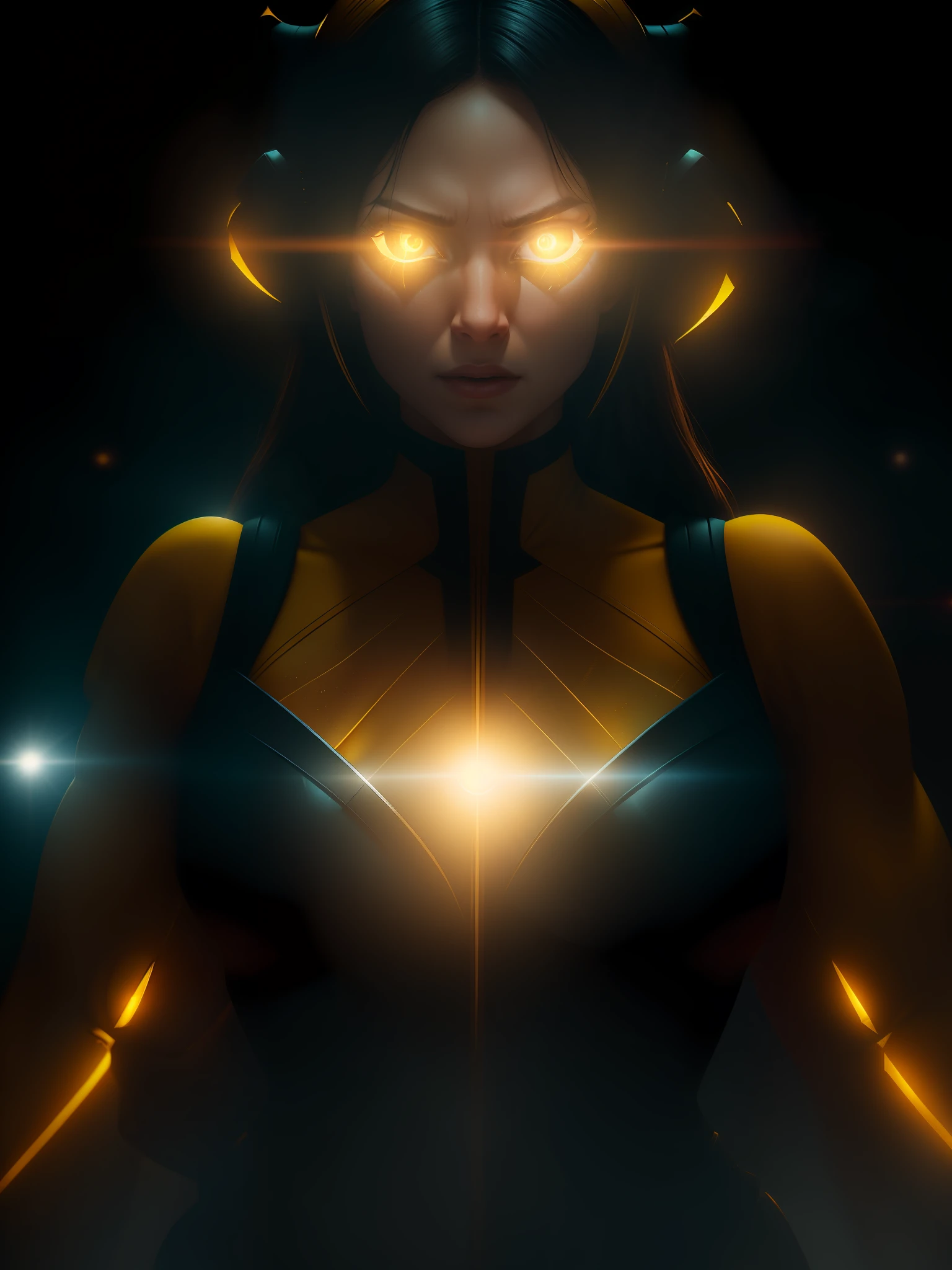 Movie scene, close-up shot of Woman dressed as Yellow Lantern from DC, distorted space, distorted undead in the background, lens flares, light shafts, intricate details, highly detailed, volumetric lighting, 4k rendering, stock photo, hyperrealistic, realistic textures, dramatic lighting, Unreal Engine