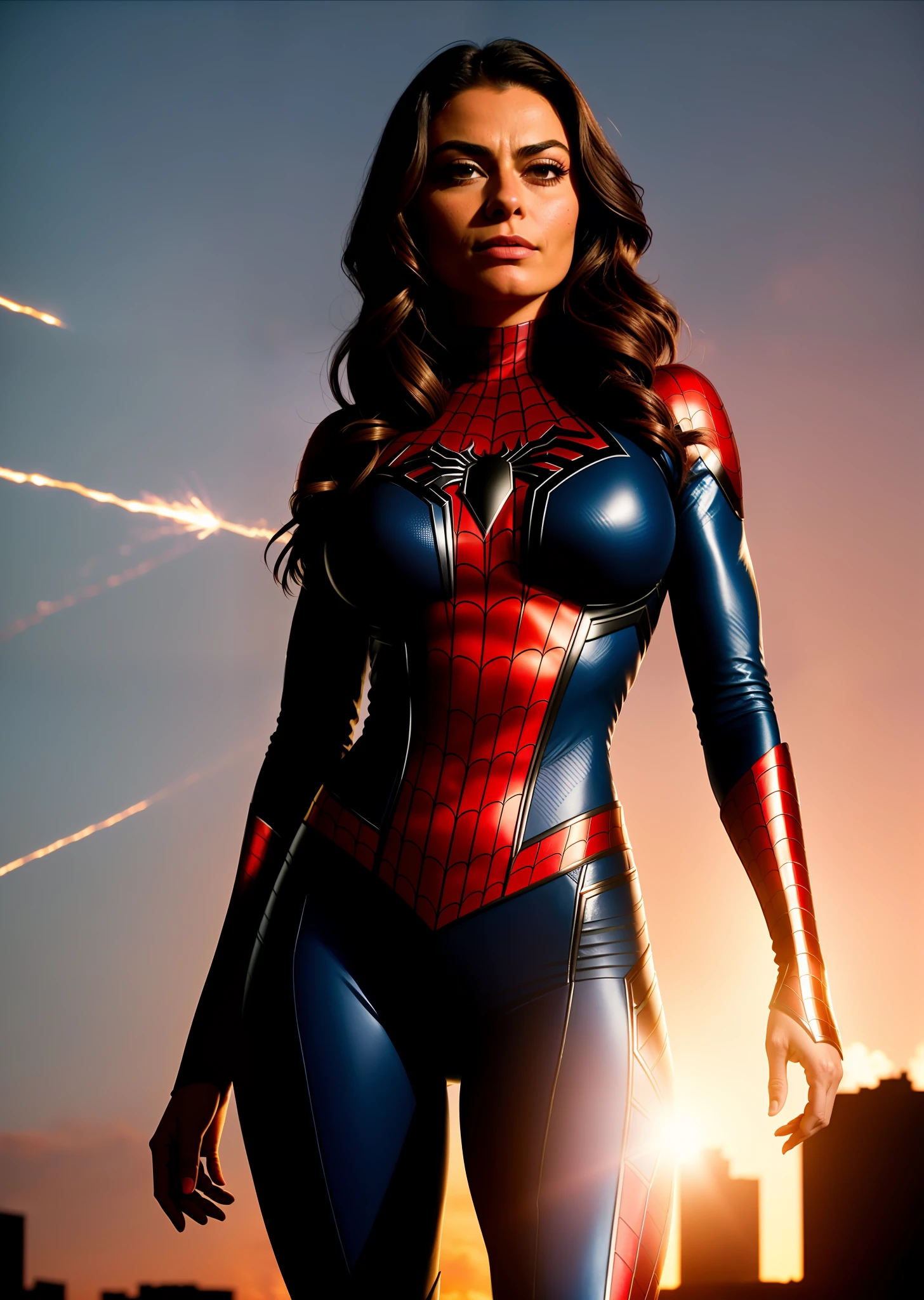 Juliana Paes in detailed Spider-Man ghost costume, large breasts, superhero pose, standing in the ruined city at sunset, hyperdetailed, smoke, sparks, sunbeams, (8k), realistic, symmetrical, award-winning, cinematic lightning, soaked, film, 75mm, scratches, full body photo, close-up, torn and dirty clothes, detailed face,