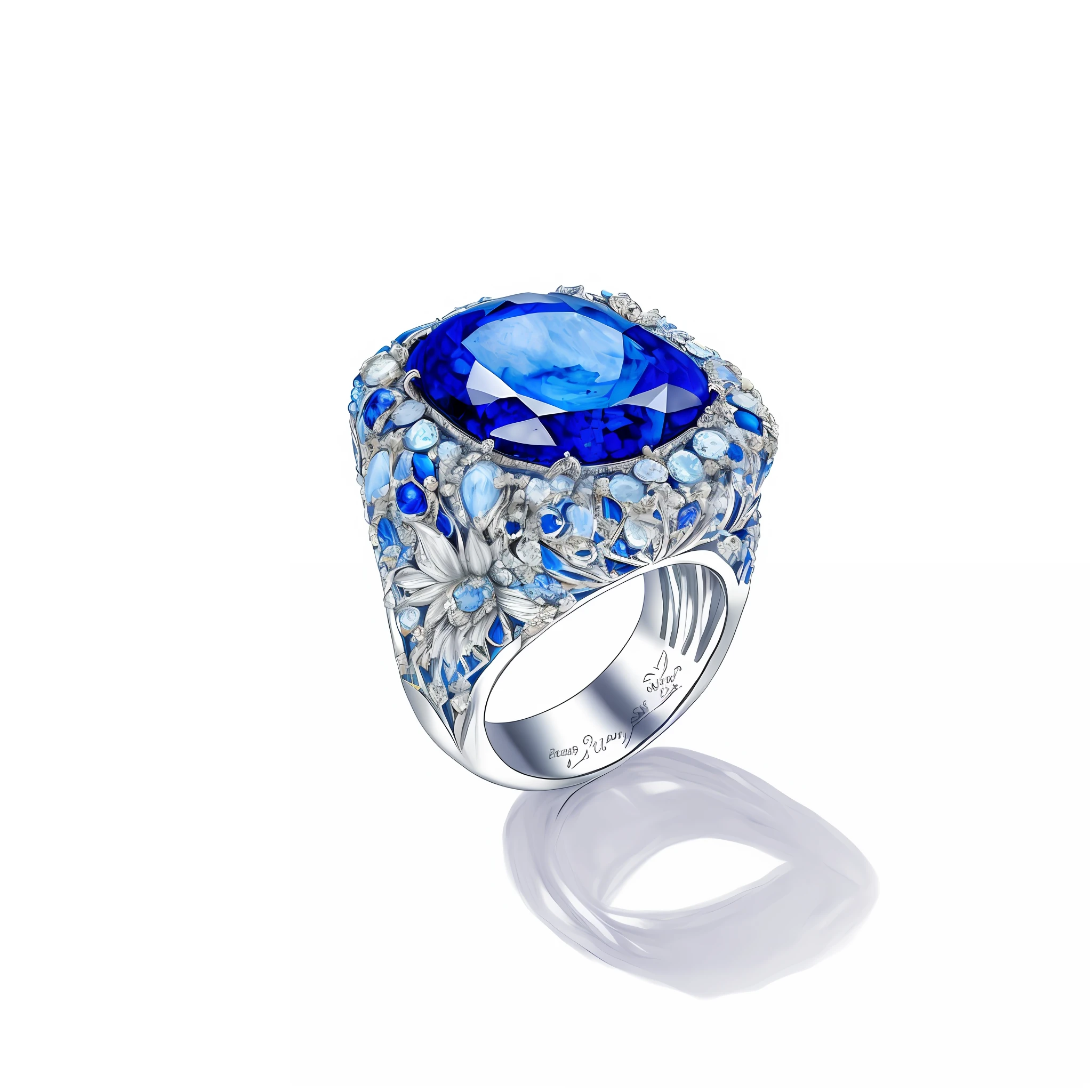 drawing of a ring with a blue stone surrounded by flowers, jewelry design, inspired by Pieter de Ring, silver and sapphire, inspired by József Borsos, colored sketch, by Jacob Kainen, a color pencil sketch, by Aleksander Gierymski, by Junsaku Koizumi, by Robert Zünd, by Mathias Kollros