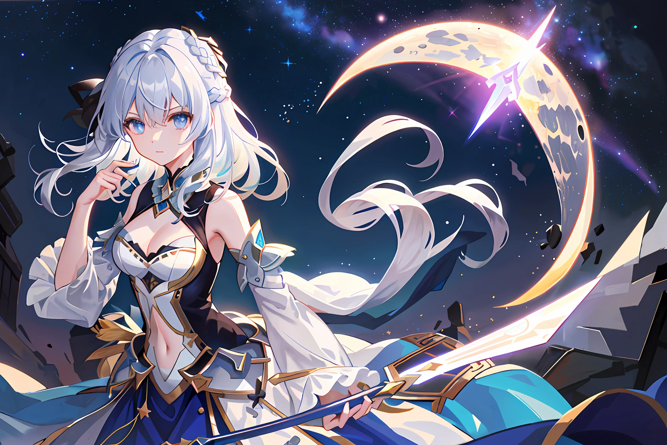 #绘图 (star_(sky): 1.2), (starry_sky: 1.2), (1girl: 1.2), (rating:safe: 1.2), (space: 1.2), (starry_sky_print: 1.2), (night_sky: 1.2), (night: 1.2), (shooting_star: 1.2), (breasts: 1.1), (solo: 1.1), (constellation: 1.1), (long_hair: 1.1), (aurora: 1.1), (light_particles), (sky), bow, dress, looking_at_viewer, moon, cleavage, planet, medium_breasts, galaxy, very_long_hair, holding, bangs, braid, silver_hair, blue_eyes, earth_(planet), sword, navel, holding_weapon, holding_sword, star_(symbol), full_moon, hair_bow, milky_way, weapon, standing, moonlight, sleeveless_dress, eyebrows_visible_through_hair, hair_between_eyes, sidelocks, ribbon, sleeveless, snowing, grey_eyes, cowboy_shot, floating_hair, detached_sleeves, closed_mouth,