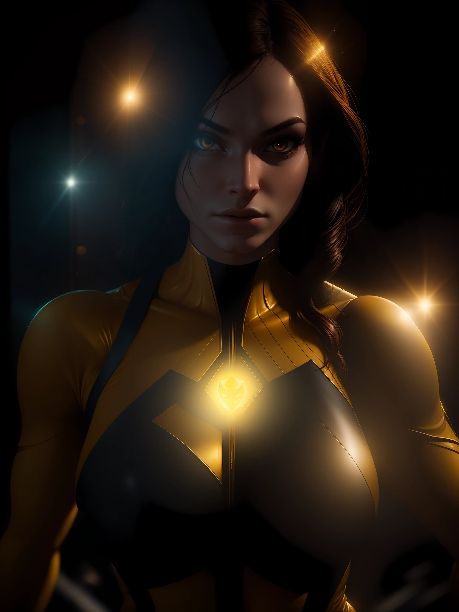 Scene from the movie, close-up shot of Sexy Woman dressed as Yellow Lantern from DC, distorted space, distorted undead in the background, lens flares, light shafts, intricate details, highly detailed, volumetric lighting, 4k rendering, stock photo, hyperrealistic, realistic textures, dramatic lighting, Unreal Engine