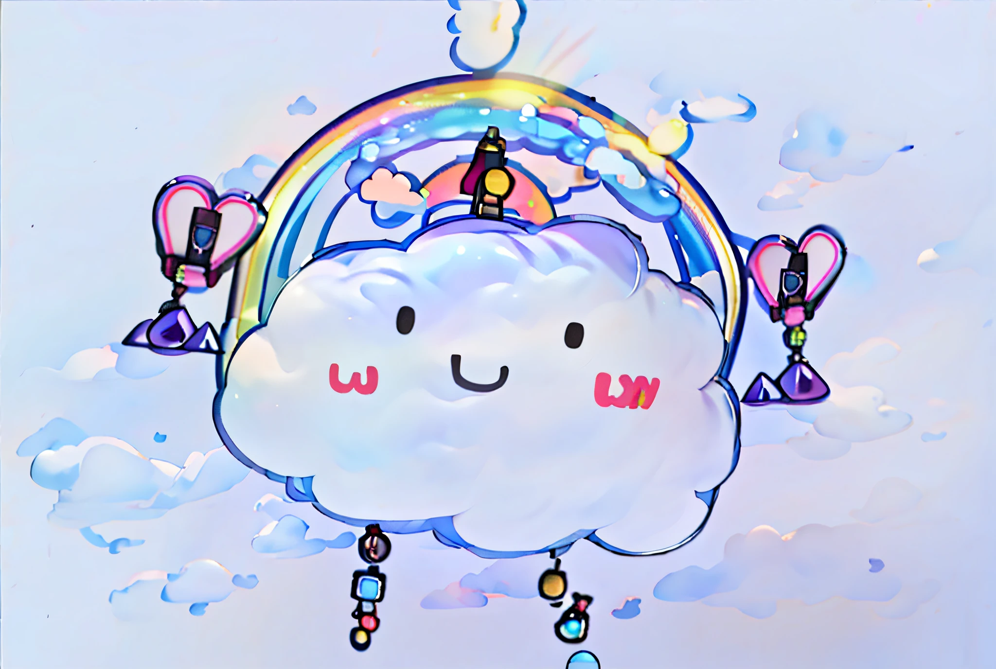 Draw a cloud, it is a cartoon character, 3d rendering, bubble mart blind box style, background is rainbow and and glowing sun, background should not be cloudy, be sunny day white cloud