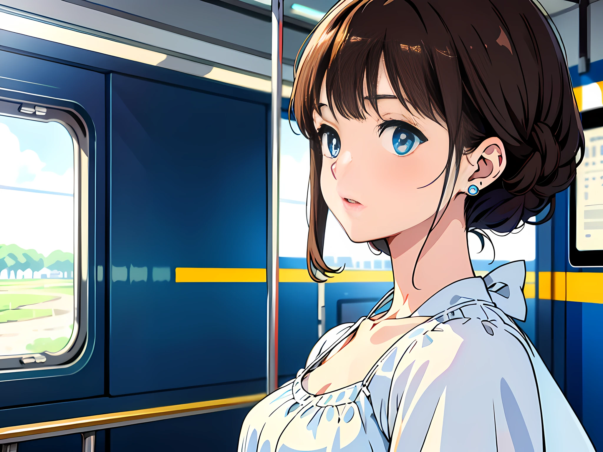 1 woman, brunette hair, blue pupils, delicate face, cute, love earrings, white dress, standing on the train, panic, ultra hd, masterpiece, best quality, super detail, ccurate