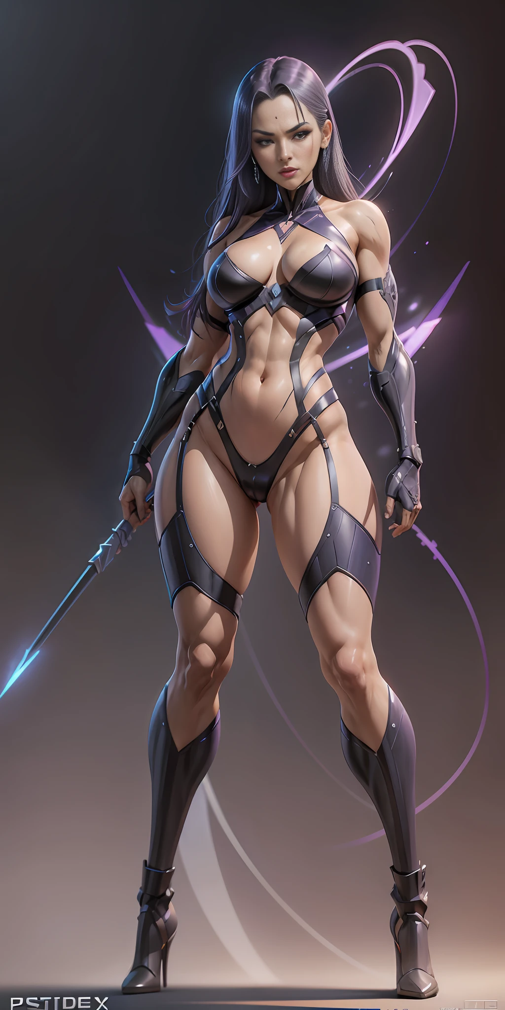 Psylocke from Marvel, big breasts, frontal, full-length, looking at the camera, facing the audience, standing pose, simple background, three-dimensional light, detailed full-body concept, sleek digital concept art, beautiful full-body concept art, art trend, CGsociety full-length,