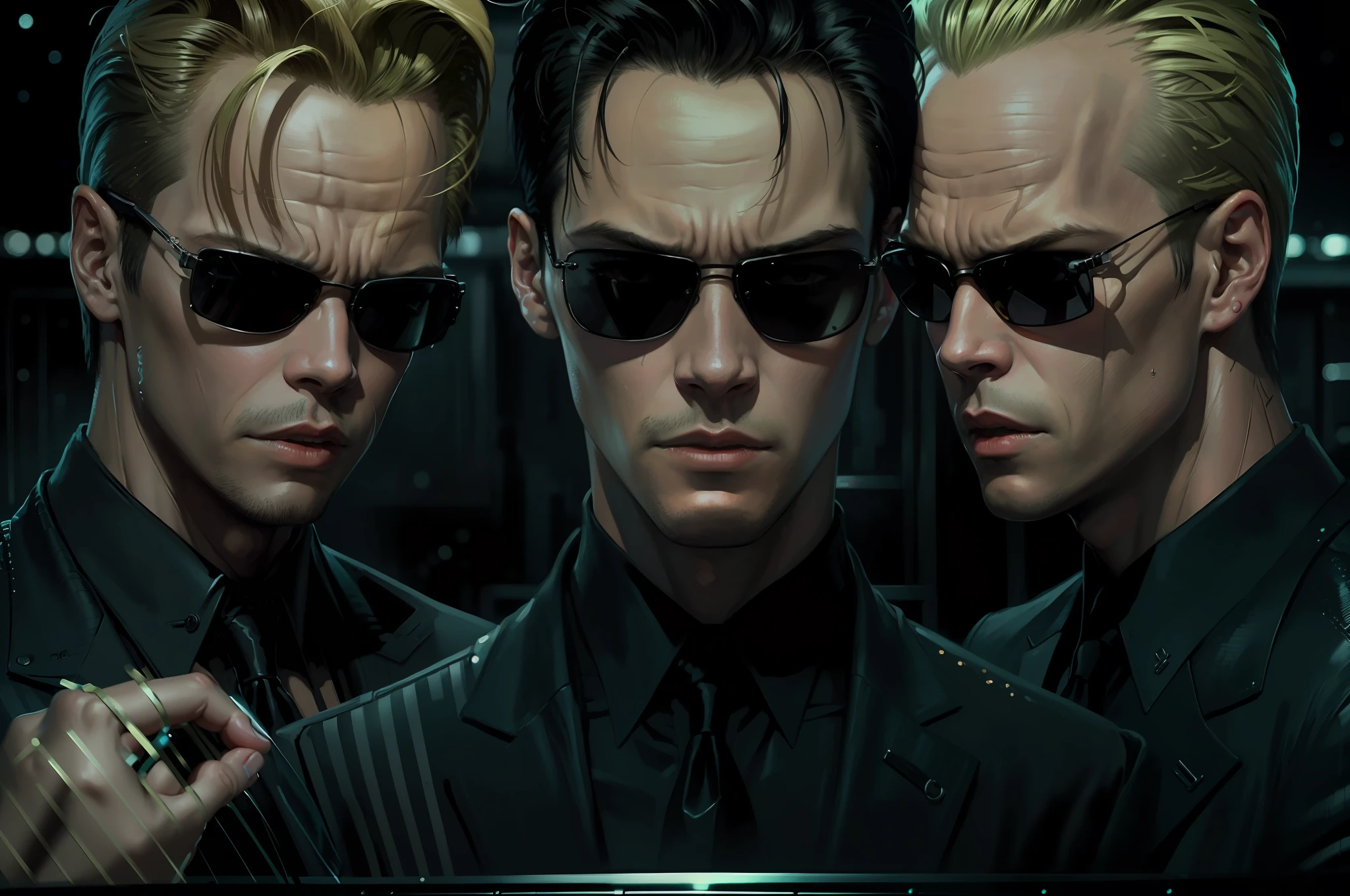 ((best quality)), ((masterpiece)), (detailed) fan art of (neo from the matix) face, ((neo from matrix face)), keanu reaves, the matrix (1999), sunglasses, night, 80mm, ((western animation)), (neo the matrix (1999)), (short hair), (tokyo street nights), (((young))), (((shaved)))
