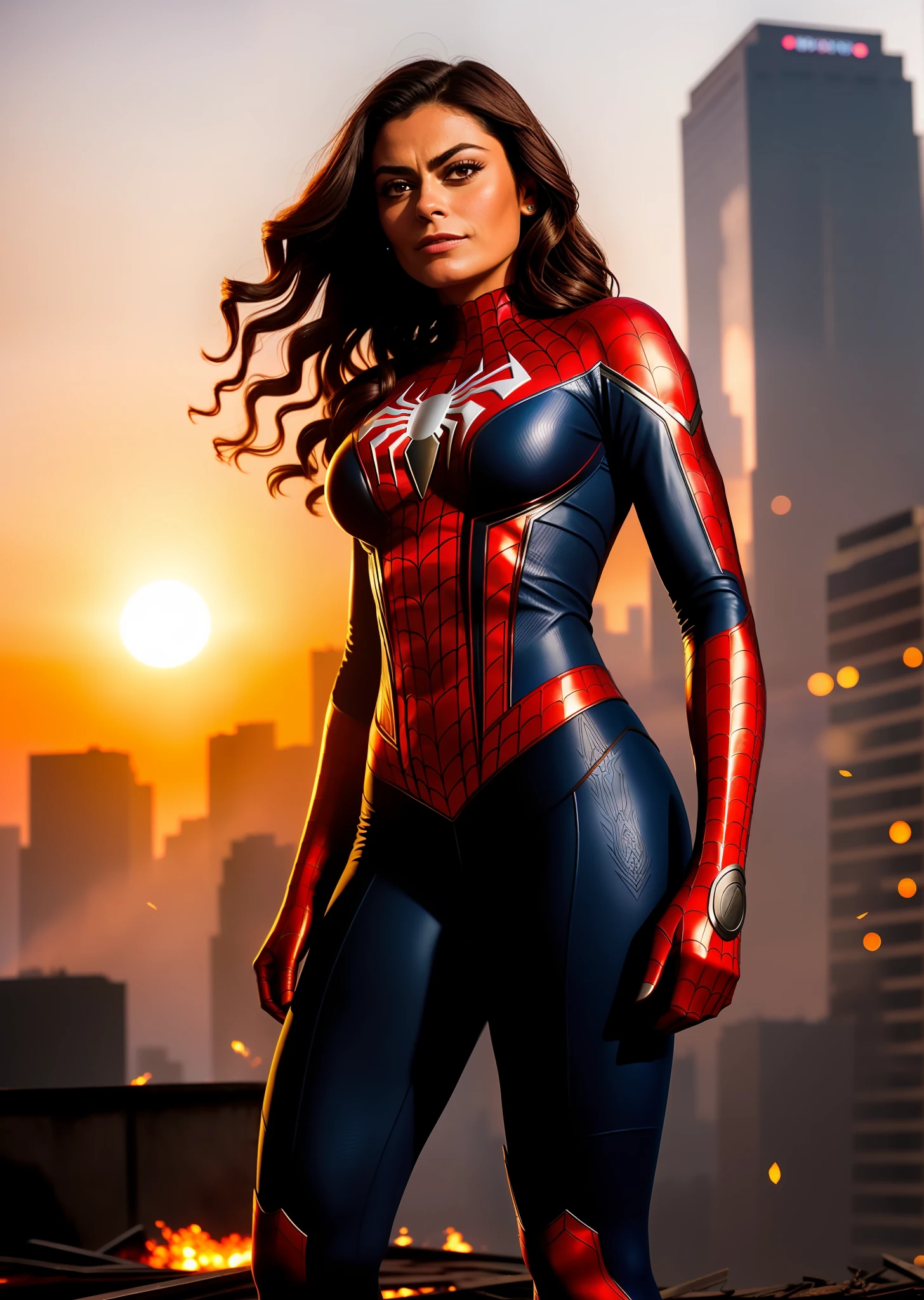 Juliana Paes in detailed Spider-Man ghost costume, large breasts, superhero pose, standing in the ruined city at sunset, hyperdetailed, smoke, sparks, sunbeams, (8k), realistic, symmetrical, award-winning, cinematic lightning, soaked, film, 75mm, scratches, full body photo, close-up, torn and dirty clothes, detailed face,