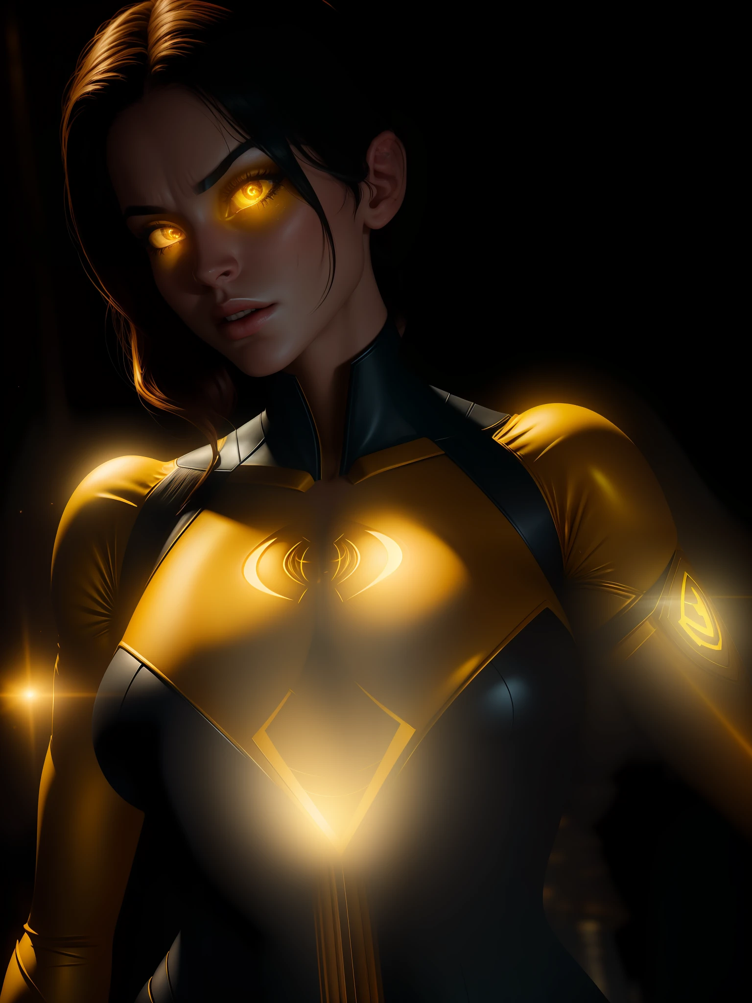 Scene from the movie, close-up shot of Sexy Woman dressed as Yellow Lantern from DC, distorted space, distorted undead in the background, lens flares, light shafts, intricate details, highly detailed, volumetric lighting, 4k rendering, stock photo, hyperrealistic, realistic textures, dramatic lighting, Unreal Engine