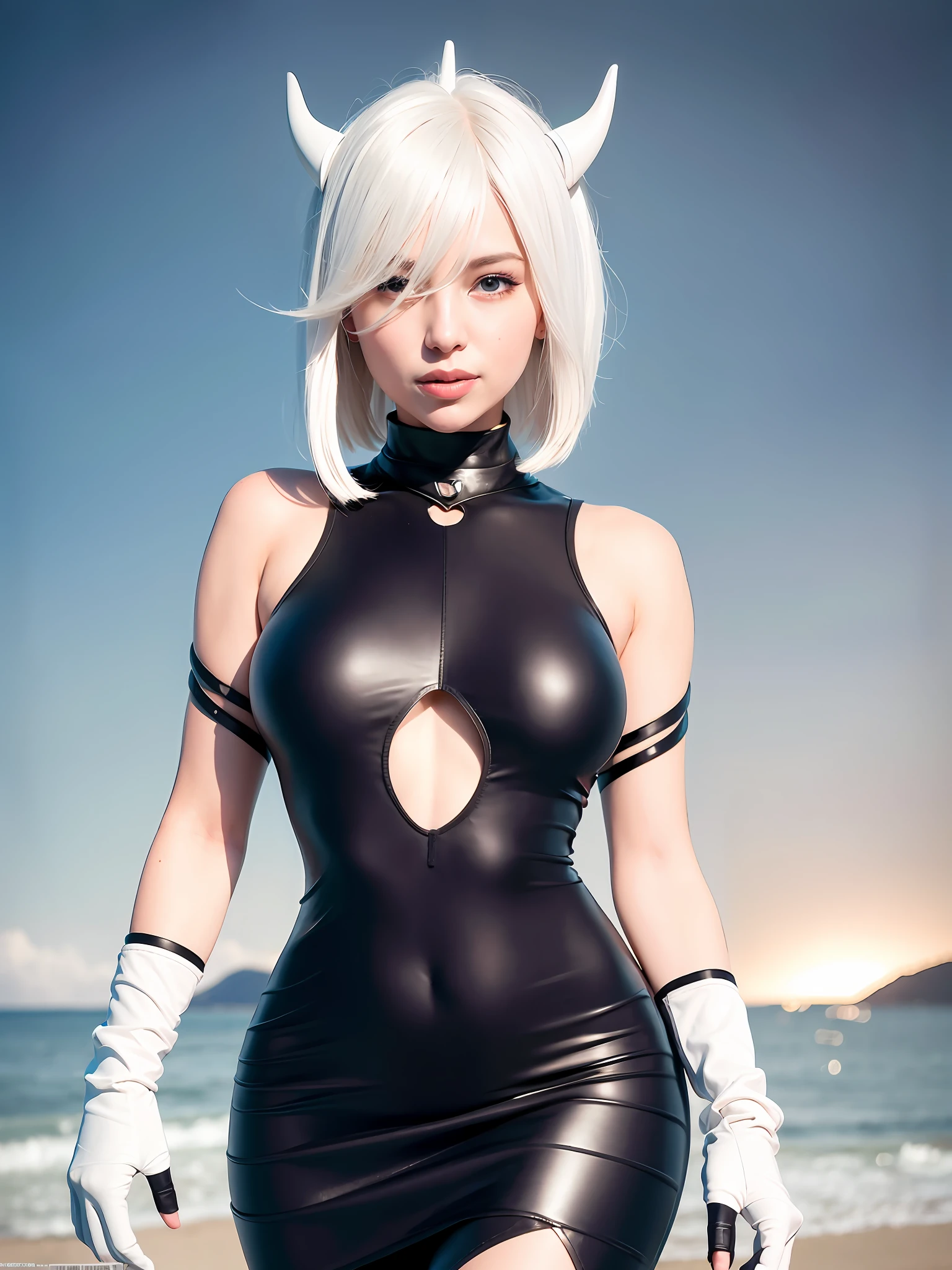 Full body, white hair, ((Dragoon: 1.2)), blunt head, masterpiece, best quality, official art, very detailed CG unity 8k wallpaper, 1 girl, super high resolution, (realism: 1.4), gold Slot Lighting, Sweater Dress, (Upper Body), ( Sal: 1), (Platinum Short Hair: 0.8), ((Puffy Eyes)), Looking at Viewer, Facing Front, Smiling, Laughing, Medium Breasts, Top, gloves, short hair,