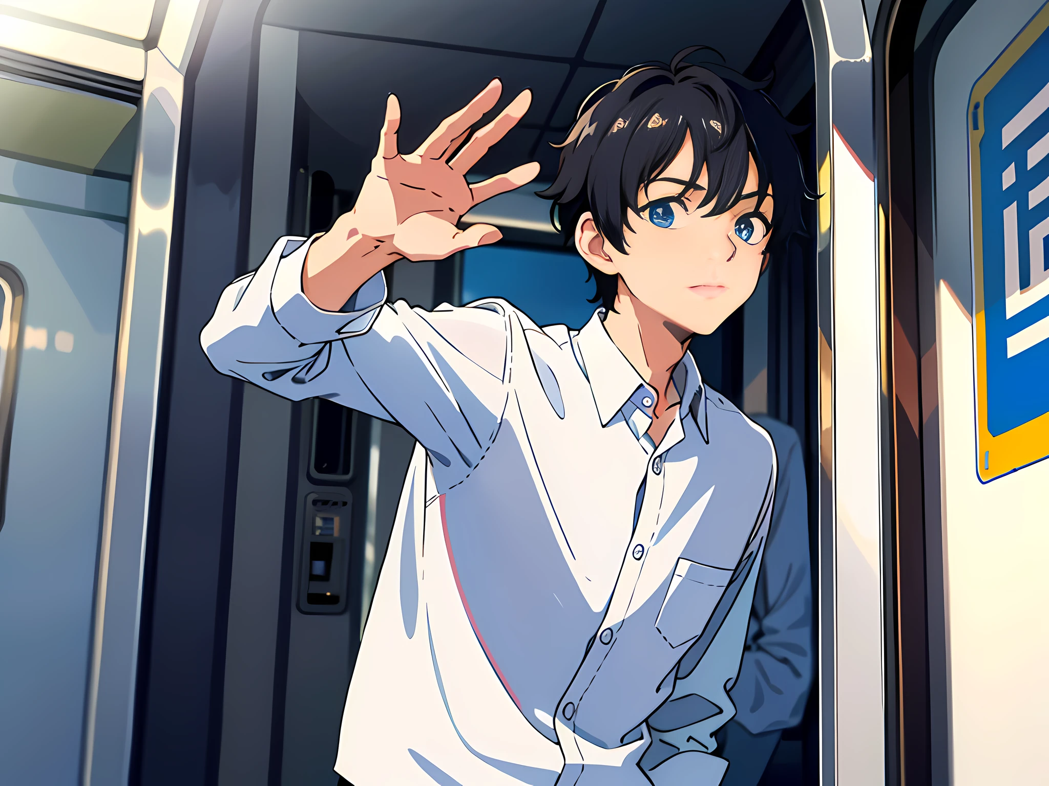 (1 man: 1.5), short black hair, blue eyes, white shirt, standing on the train, waving hands, ears pressed to the door, masterpiece, best quality