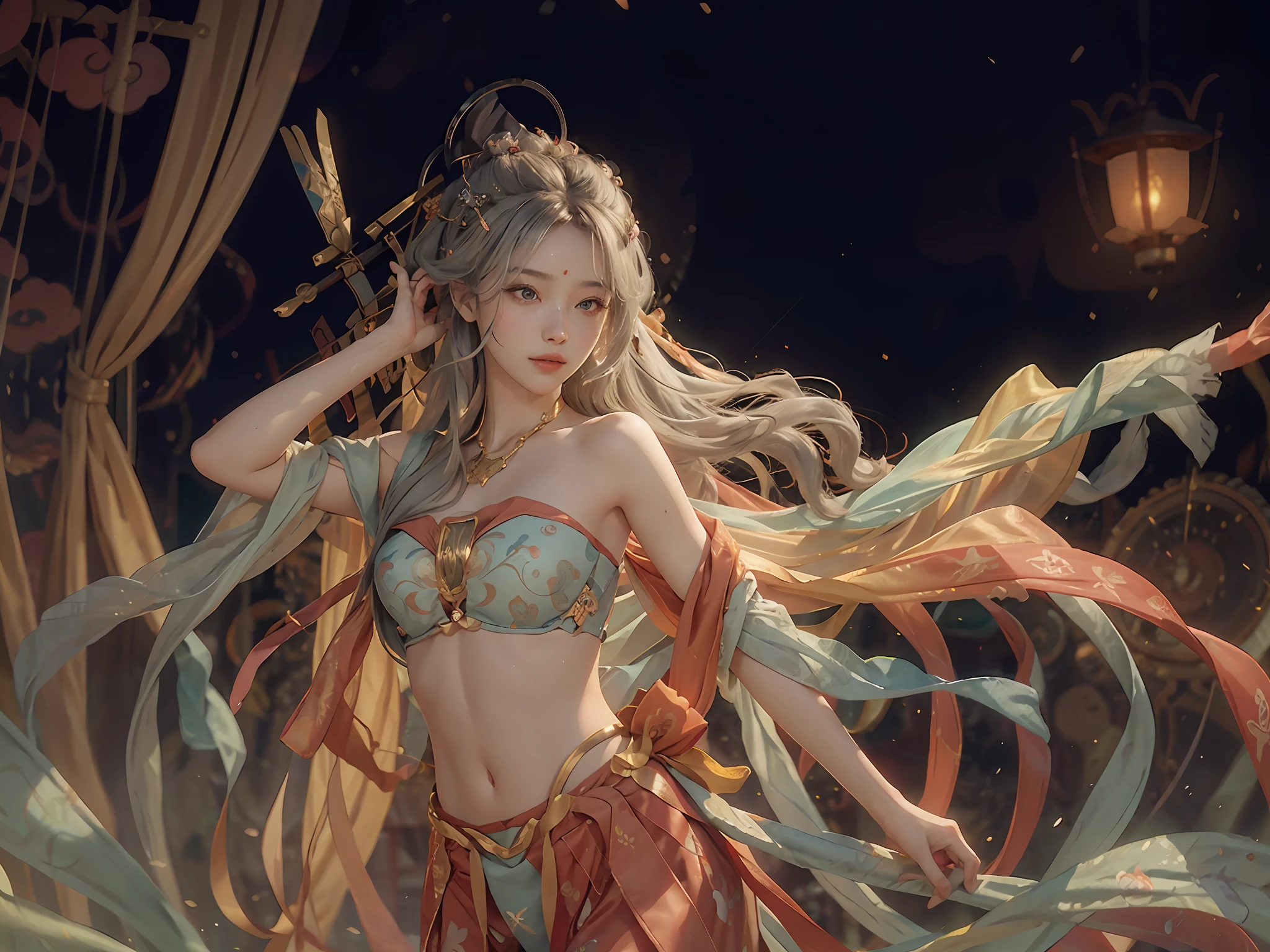 (RAW Photo, Best Quality), (Realistic, Photorealistic Real: 1.3), Best Quality, Highly Detailed, Masterpiece, Ultra Detailed, Illustration, 1 Girl, upper_body, Dynamic Angle, World Mastery Theater, messy_long_hair, Best Quality, Extremely Detailed CG Unified 8k Wallpaper, Ink, Amazing, Sexy, Peach Blossom Eyes, Gray Hair, Smile, Movie Lights, lens_flare, dunhuang_style, Dancing, Crop button, shoulder bar, streamer, float, lantern, bounce pipa woman