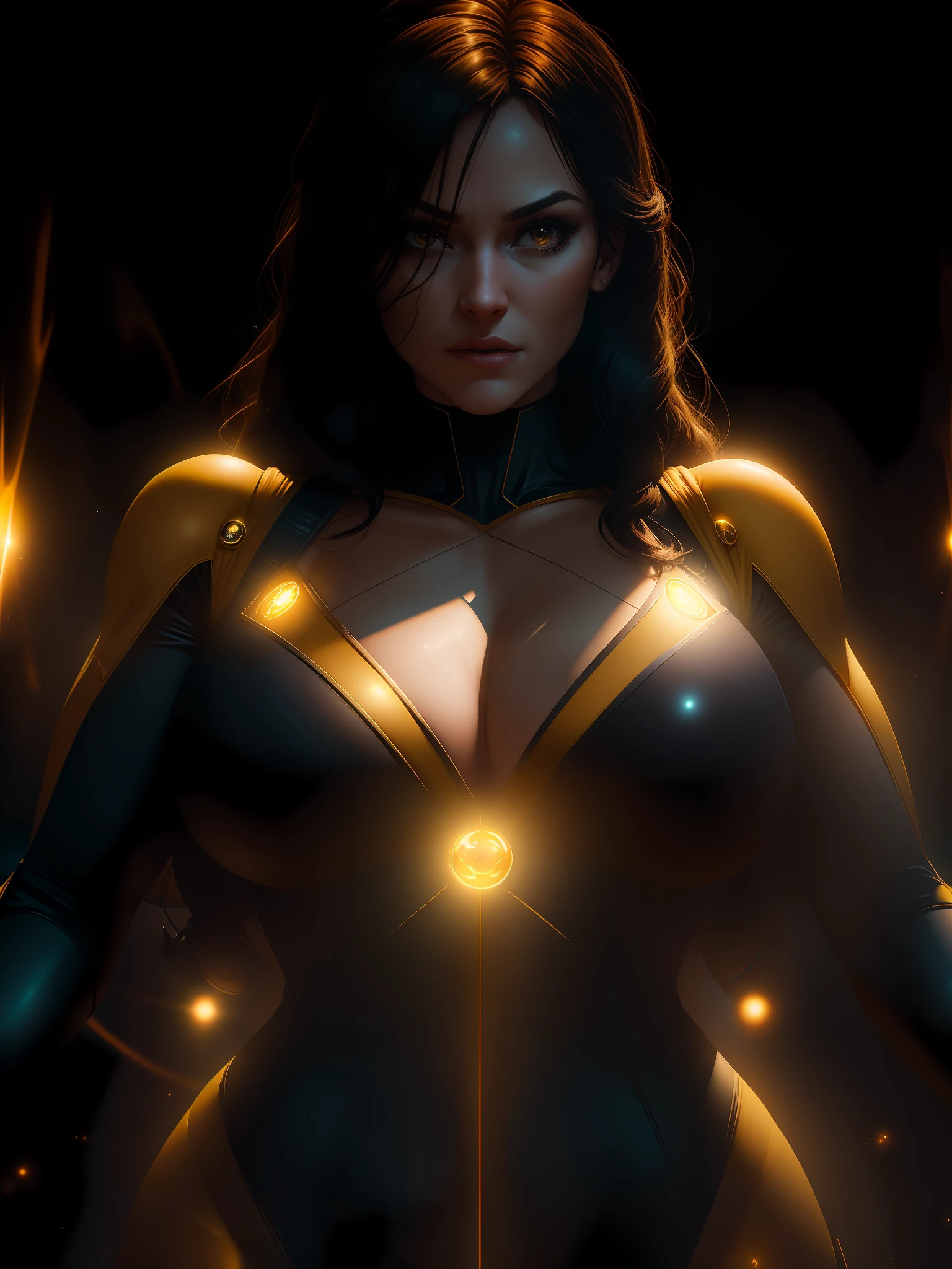 Scene from the movie, close-up shot of Sexy Woman dressed as Yellow Lantern from DC, big breasts, distorted space, distorted undead in the background, lens flares, light shafts, intricate details, highly detailed, volumetric lighting, 4k rendering, stock photo, hyper-realistic, realistic textures, dramatic lighting, Unreal Engine