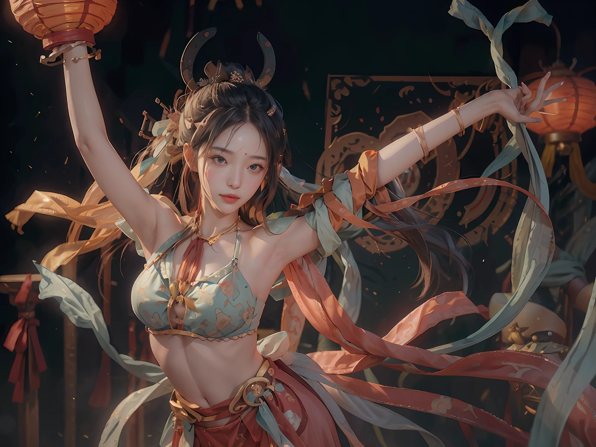 (8k, RAW photo, best quality, masterpiece: 1.2), (realistic, photorealistic photoreal: 1.4), (very detailed CG unity 8k wallpaper), (1 girl), dance, dunhuang_dress, dunhuang_style, dunhuang_background, one arm up, one hand to the viewer, gold ornaments, ancient Chinese hairstyle, tulle, streamers, light makeup, eye shadow, eyebrow mole, (face), Dynamic pose, background smoke surrounding, flower petals flying, details, jewelry, earrings, bracelets, shoulders, complex textures, busts