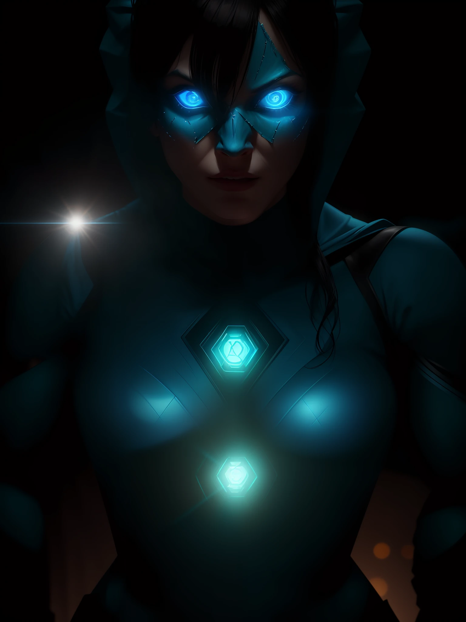 Scene from the movie, close-up shot of Woman dressed as Blue Lantern from DC, distorted space, distorted undead in the background, lens flares, light shafts, intricate details, highly detailed, volumetric lighting, 4k rendering, stock photo, hyperrealistic, realistic textures, dramatic lighting, Unreal Engine