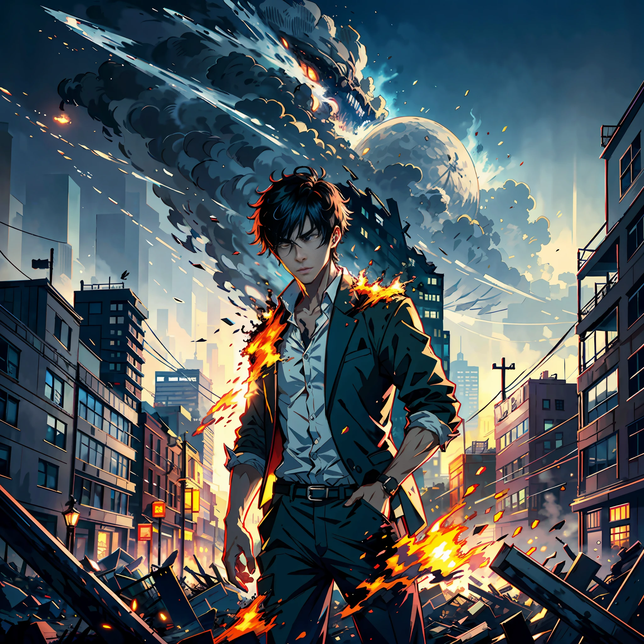 A handsome boy with short black hair, about to turn into a zombie, front, collapsed buildings, rubble, fire +, billowing smoke, fear +, rollover, night, horror, half moon in the sky, apocalypse, no blood, highly real, UHD, chiaroscuro, super high detail section