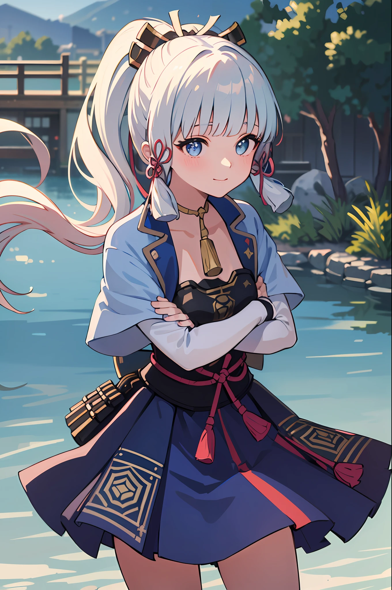 (((masterpiece))), 4k res, highly detailed, (((extremely detailed eyes))), detailed background, cinematic lighting, crystal clear eyes, high quality, highres, ultra-detailed, 8k, best quality, 1girl, solo, shadow, backlighting, light particles, Thick Eyelashes, Wide Sleeve, thick thighs, (masterpiece:1.3), (the best quality:1.2), (super fine illustrations:1.2), (Masterpiece), high quality, high detail,(SOLO:1.4),((round image)), 1girl, kamisato ayaka, smile, blush, closed mouth, thick, medium breasts, traditional japanese house, from above, fingerless gloves, thick thighs, cowboy shot, crossed arms,