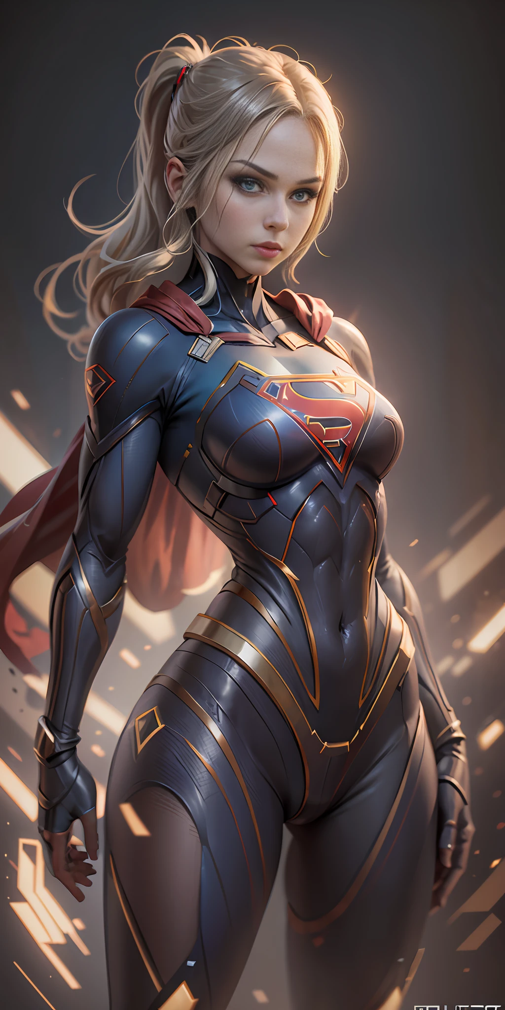Supergirl from DC, frontal, full-length, looking at the camera, facing the audience, standing pose, simple background, three-dimensional light, detailed full-body concept, sleek digital concept art, beautiful full-body concept art, art trend, full-length CGsociety,