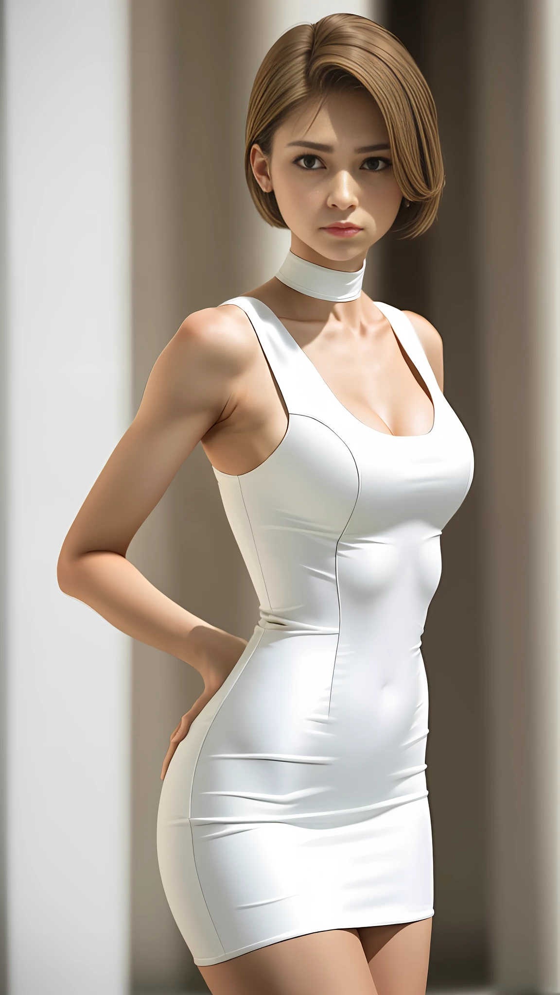 1 girl, solo, most beautiful artwork photo in the world, complex, high detail, sharp focus, dramatic, {{{very short torso}}}, very short torso, very long legs, {{{very large breasts}}}, thin waist, small buttocks, {{{{cleavage}}}, collarbone, white skin, light brown hair, look at the viewer, expressionless, waistshot, 25 years old, sleeveless、{{{white tube micro mini dress}}}、{{{Notched lapel collar}}}、white choker on neck