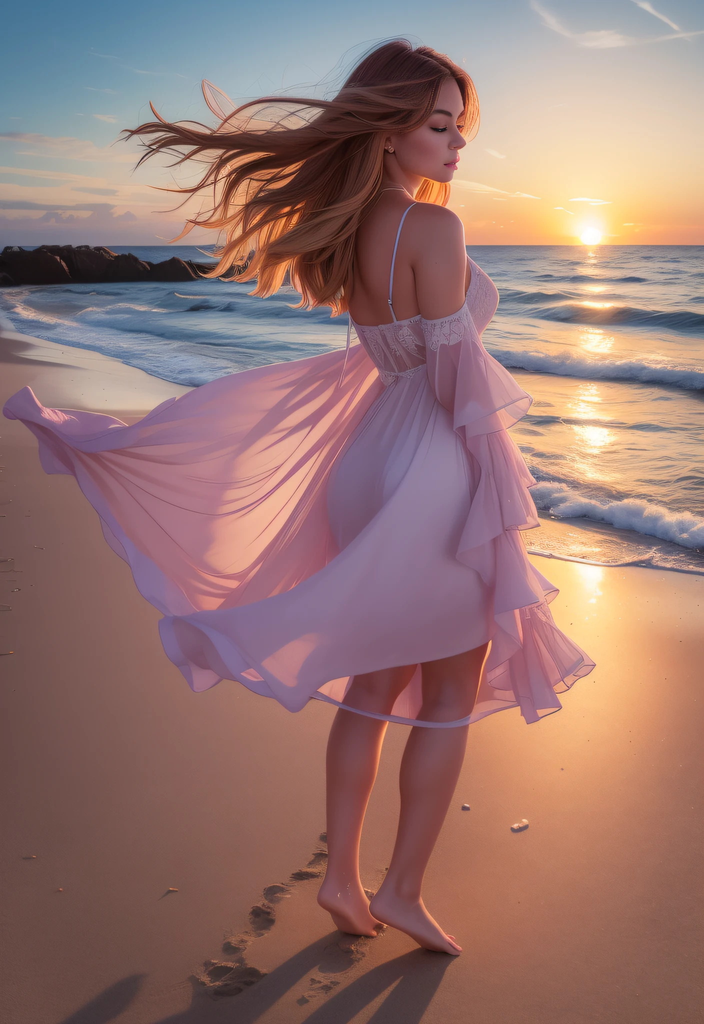 imagine prompt: A breathtaking 20-year-old woman wearing a fantastic outfit stands on a deserted beach, the waves crashing against the shore. The setting sun paints the sky with hues of orange, pink, and purple, casting a warm glow on the woman and the landscape. She walks barefoot in the sand, her outfit billowing in the gentle sea breeze. The beach stretches for miles, with seashells scattered along the shore and seagulls soaring in the distance. The lighting is a mix of natural light and golden hour lighting, creating a dreamy and romantic atmosphere. Photo taken by Ellen von Unwerth with a Sony A7R IV and a wide-angle lens, capturing the beauty and serenity of the moment. --v 5 --q 2