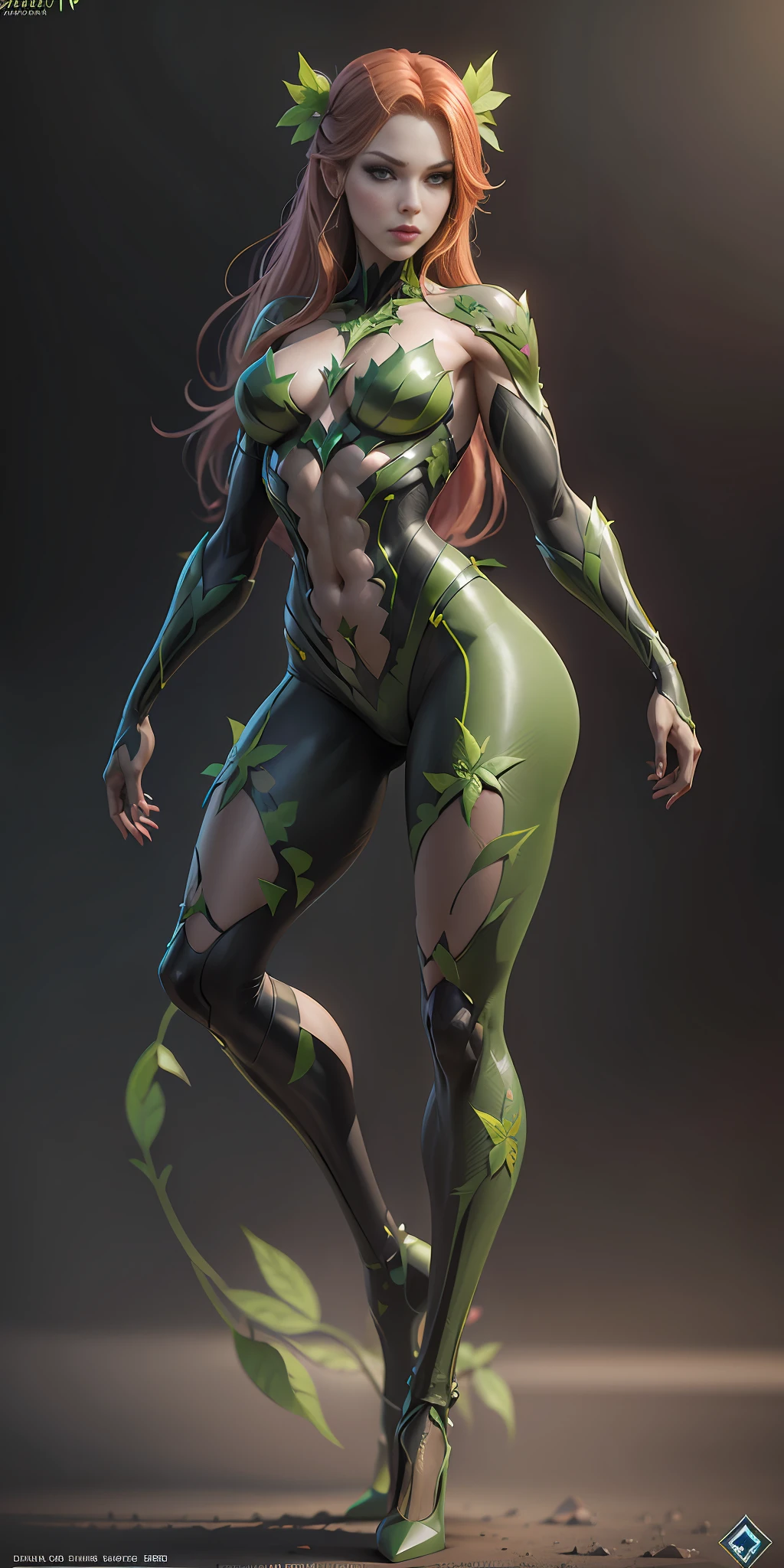 Poison Ivy from DC, frontal, full-length, looking at the camera, facing the audience, standing pose, simple background, three-dimensional light, detailed full-body concept, sleek digital concept art, beautiful full-body concept art, art trend, full-length CGsociety,