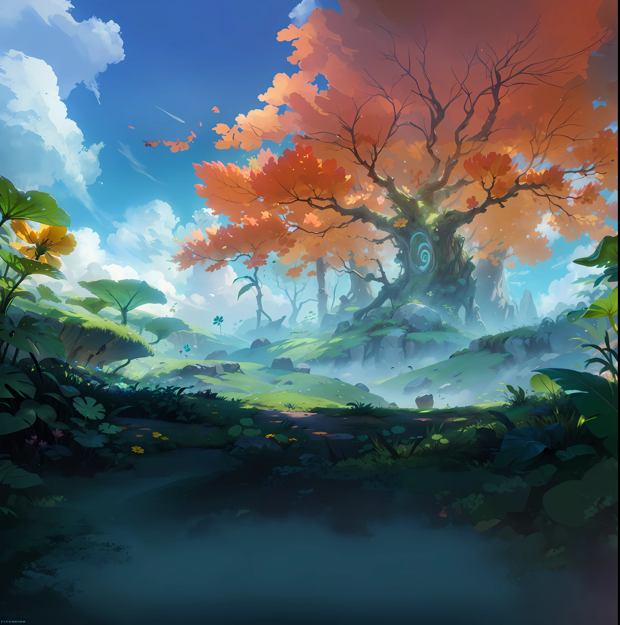 a close up of a tree in a forest with a sky background, concept art wallpaper 4k, colorful concept art, fantasy art landscape, background artwork, made of tree and fantasy valley, environmental concept art, painted as a game concept art, 4k fantasy art, background art, fantasy landscape painting, fantasy forest landscape, world of warcraft art style, fantasy game art style