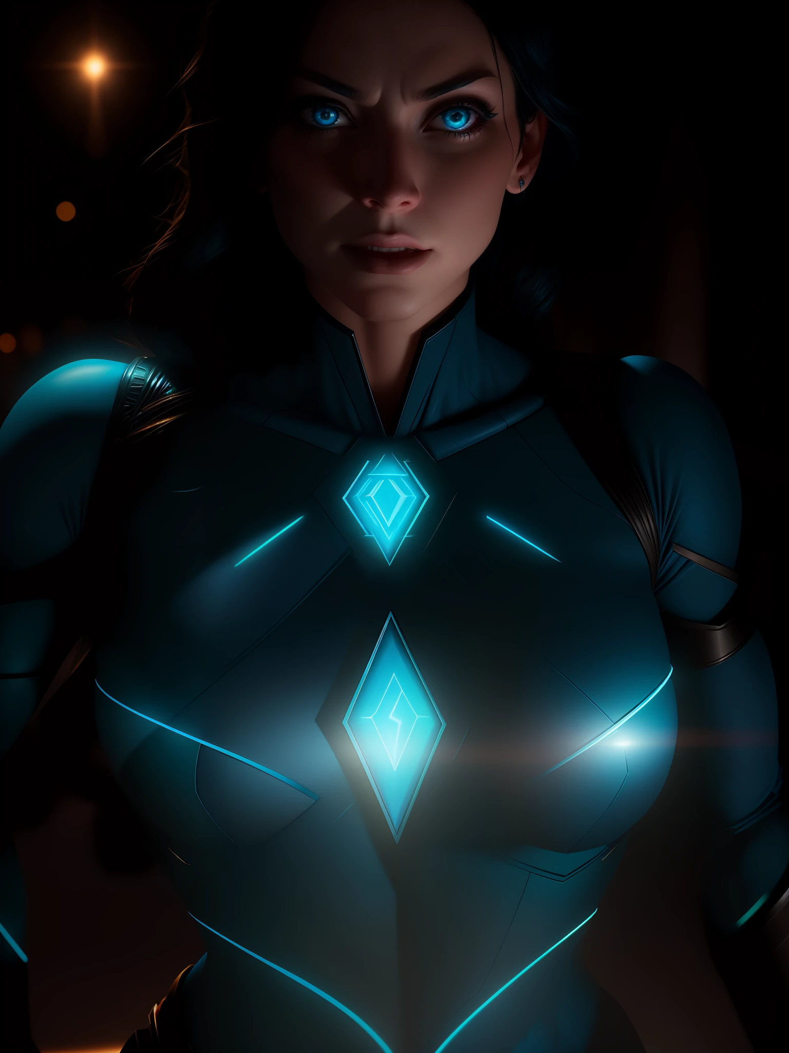 Scene from the movie, close-up shot of Sexy Woman dressed as Blue Lantern from DC, distorted space, distorted undead in the background, lens flares, light shafts, intricate details, highly detailed, volumetric lighting, 4k rendering, stock photo, hyper-realistic, realistic textures, dramatic lighting, Unreal Engine