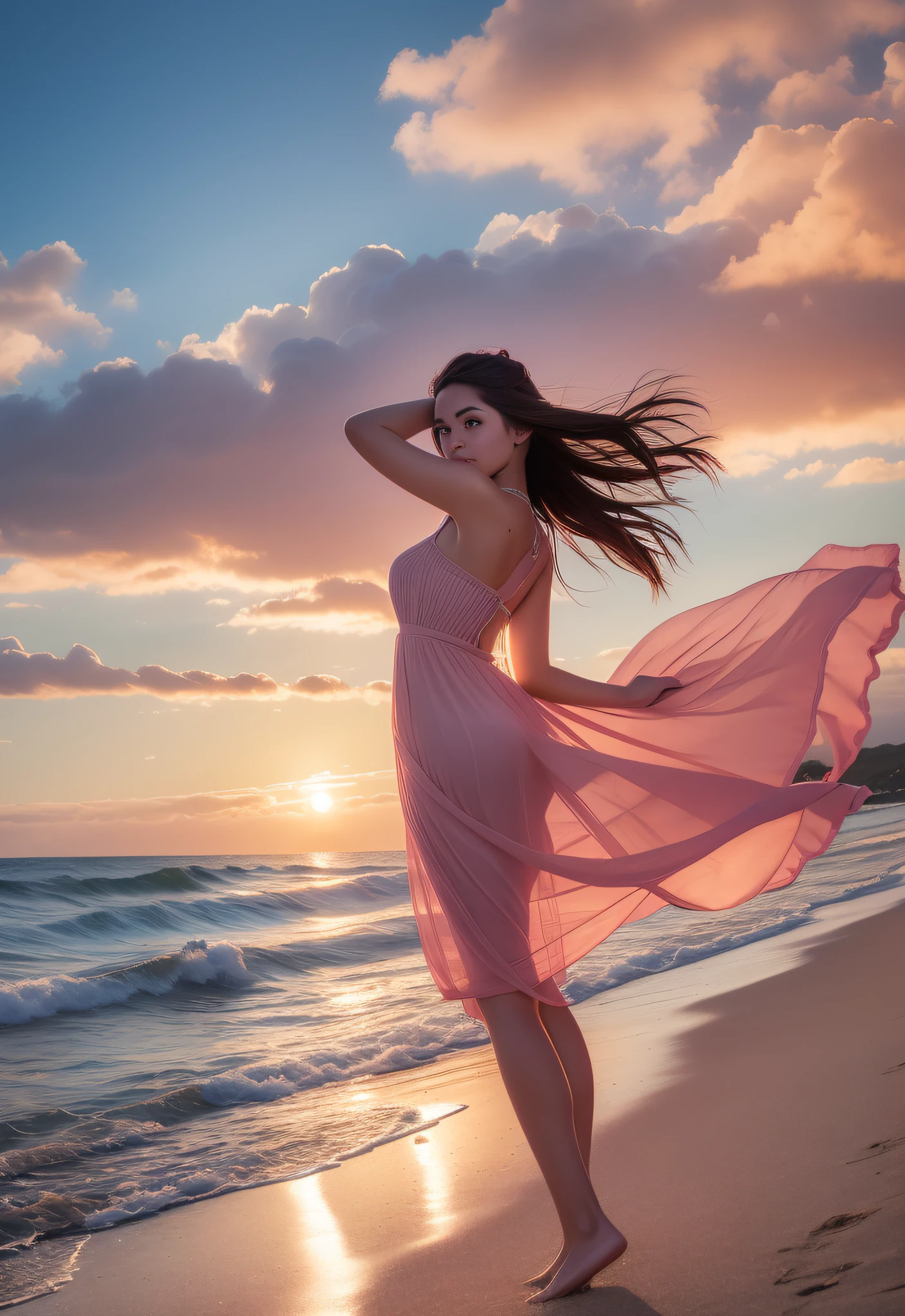 imagine prompt: A breathtaking 20-year-old woman wearing a fantastic outfit stands on a deserted beach, the waves crashing against the shore. The setting sun paints the sky with hues of orange, pink, and purple, casting a warm glow on the woman and the landscape. She walks barefoot in the sand, her outfit billowing in the gentle sea breeze. The beach stretches for miles, with seashells scattered along the shore and seagulls soaring in the distance. The lighting is a mix of natural light and golden hour lighting, creating a dreamy and romantic atmosphere. Photo taken by Ellen von Unwerth with a Sony A7R IV and a wide-angle lens, capturing the beauty and serenity of the moment. --v 5 --q 2
