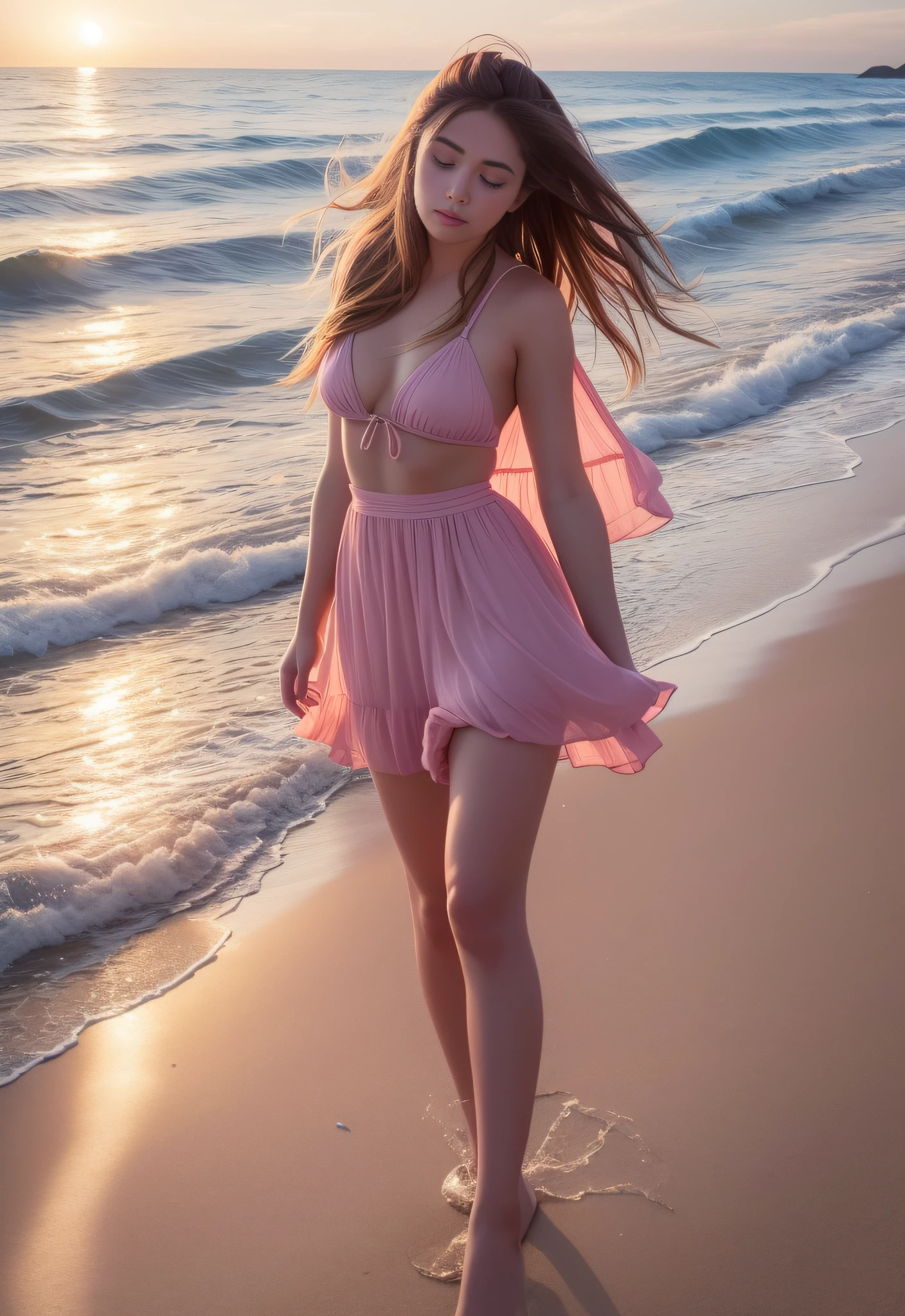 imagine prompt: A breathtaking 20-year-old woman wearing a fantastic outfit stands on a deserted beach, the waves crashing against the shore. The setting sun paints the sky with hues of orange, pink, and purple, casting a warm glow on the woman and the landscape. She walks barefoot in the sand, her outfit billowing in the gentle sea breeze. The beach stretches for miles, with seashells scattered along the shore and seagulls soaring in the distance. The lighting is a mix of natural light and golden hour lighting, creating a dreamy and romantic atmosphere. Photo taken by Ellen von Unwerth with a Sony A7R IV and a wide-angle lens, capturing the beauty and serenity of the moment. --v 5 --q 2