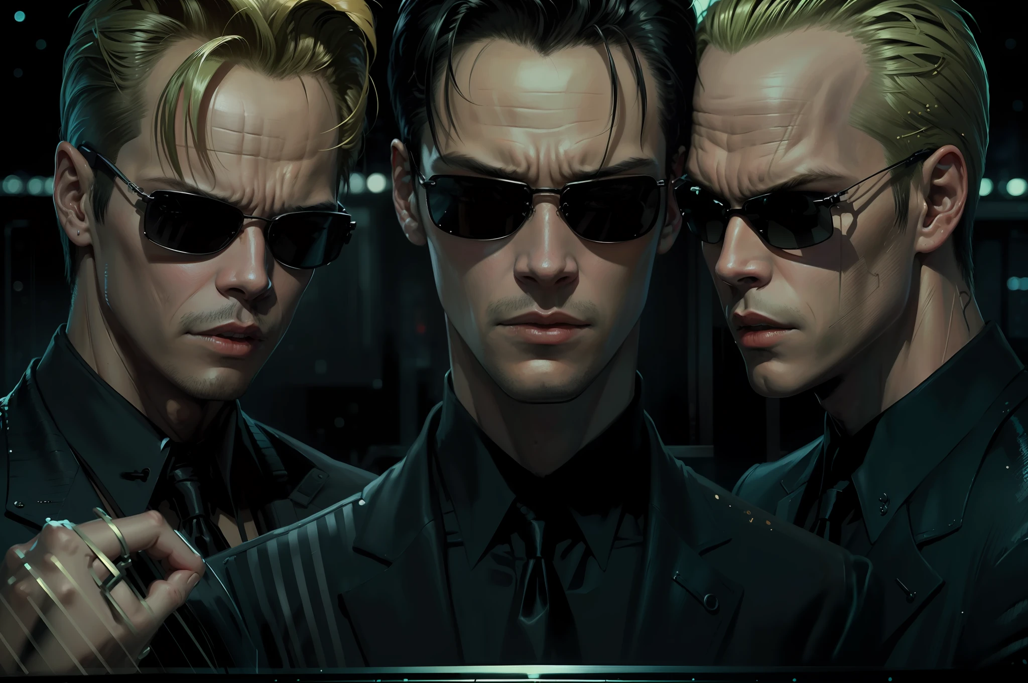 ((best quality)), ((masterpiece)), (detailed) fan art of (neo from the matix) face, ((neo from matrix face)), keanu reaves, the matrix (1999), sunglasses, night, 80mm, ((western animation)), (neo the matrix (1999)), (short hair), (tokyo street nights), (((young))), (((shaved)))
