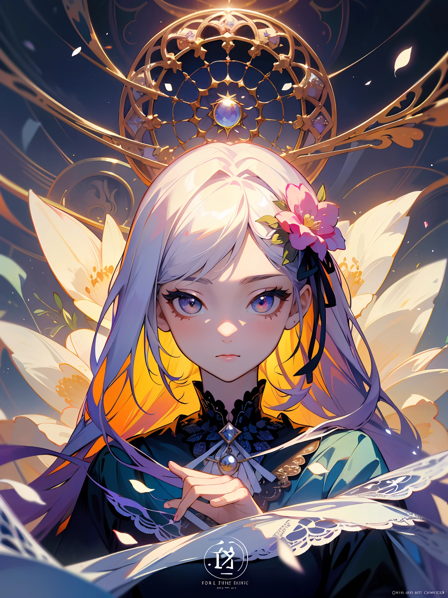 Top quality, masterpiece, high resolution, perfect detail, (very fine and beautiful: 1.1), (official art, beautiful and aesthetic: 1.2), (fractal art: 1.3), (lots of flower effects: 1.4), fortuneteller's clothes, 1girl, looking_at_viewer, portrait, solo, very vivid colorful, (many flower effects: 1.3), a lot of petals, beautiful light, Fine Beauty, (Detailed Face with Fine Eyes: 1.1), Hand (Beautiful Clear Background: 1.1), Lace, Ribbon, Flowers and Petals, Beautiful Concept Illustration, Crystal Ball, Tarot Card