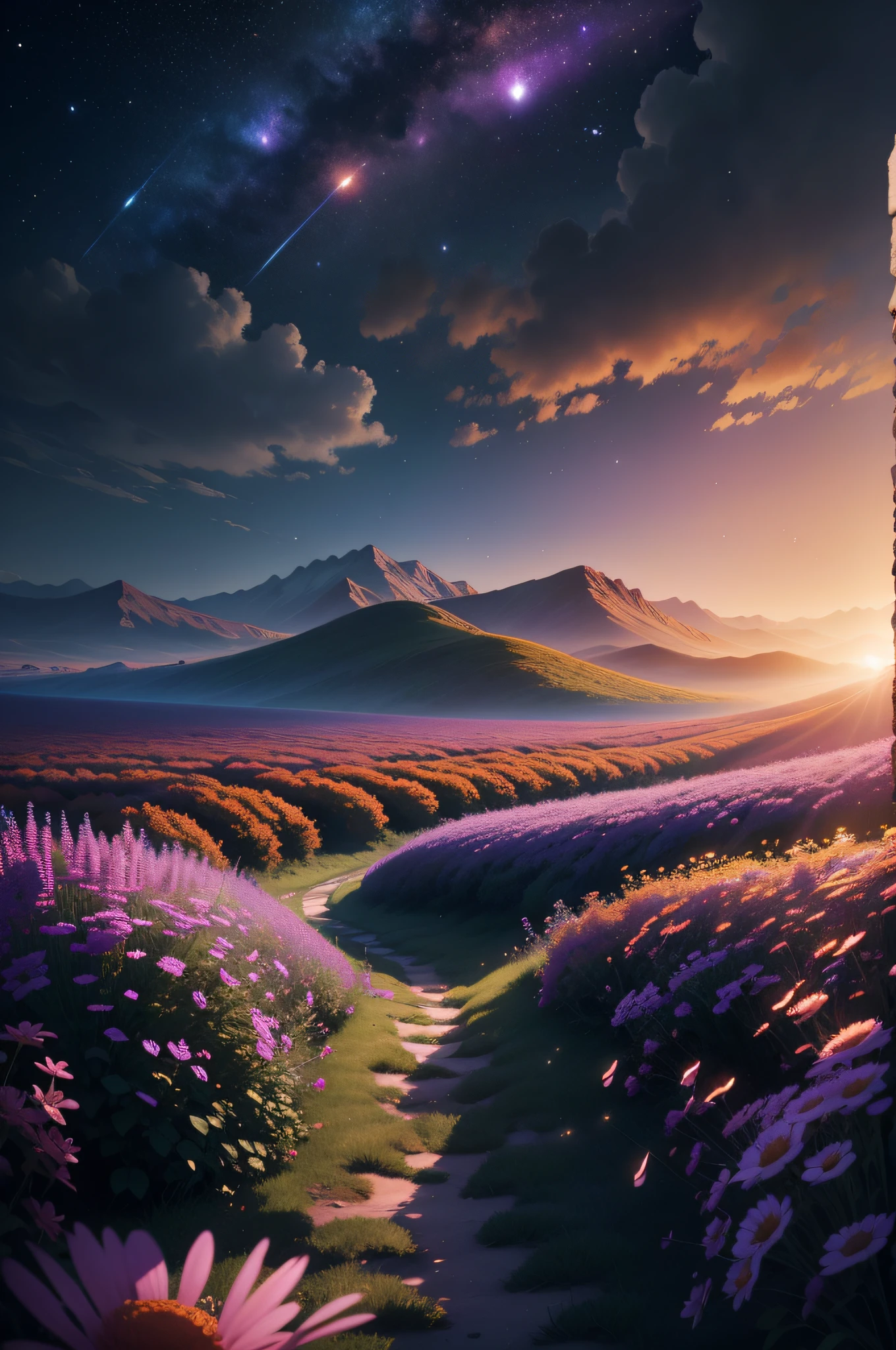 Vast sunrise landscape photos, (from below, sky above, open fields below), flower fields (best quality), 4k, ultra-detailed, (meteors: 0.9), (nebulae: 1.3), distant mountains, trees BREAK making art, (warm light source: 1.2), (fireflies: 1.2), lamps, lots of purple and orange, intricate details, volumetric lighting, realism BREAK (Masterpiece: 1.2), (Best Quality), 4K, Ultra-Detailed, (Dynamic Composition: 1.4), Very Detailed, Colorful Detail, (Iridescent Color: 1.2), (Glow Illumination, Atmospheric Lighting), Dreamy, Magical, (Solo: 1.2)