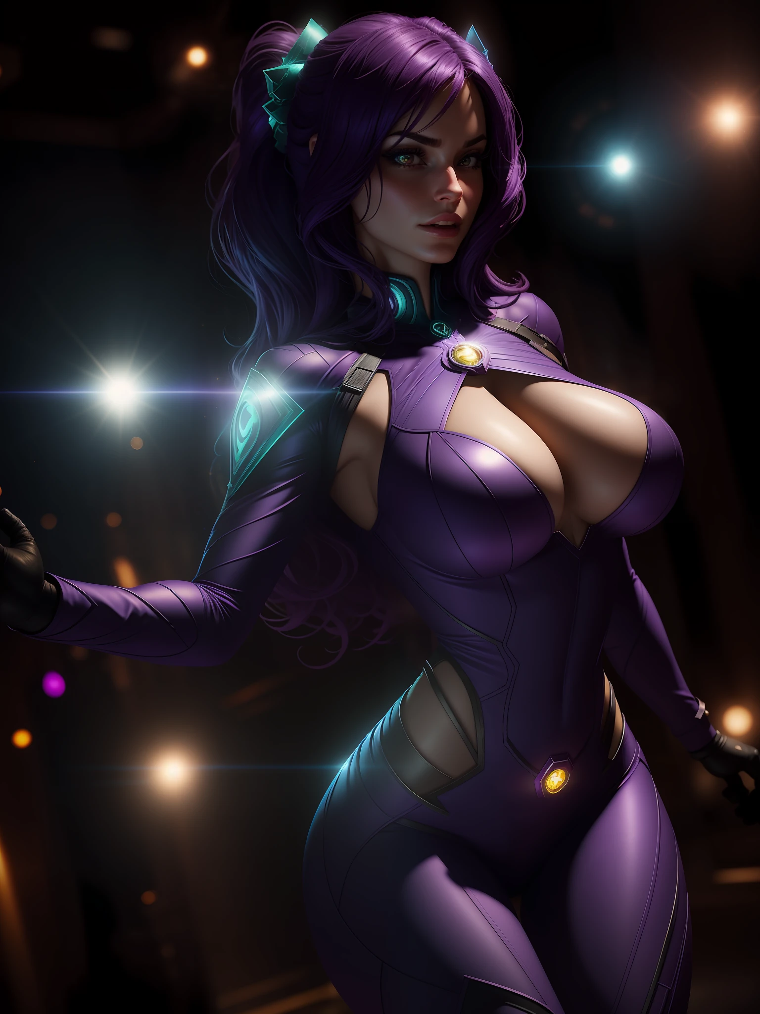Scene from the movie, close-up shot Sexy Woman dressed as Violet Lantern from DC, big breasts, distorted space, distorted undead in the background, lens flares, light shafts, intricate details, highly detailed, volumetric lighting, 4k rendering, stock photo, hyper-realistic, realistic textures, dramatic lighting, Unreal Engine