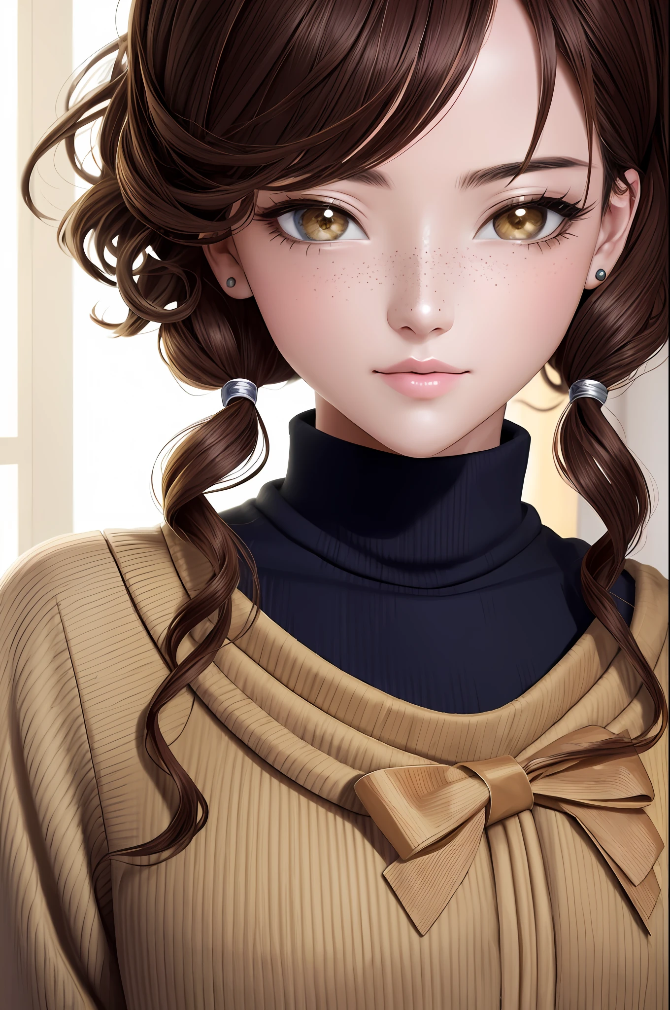 Illustration, Anime Style, (Masterpiece, Top Quality, Ultra Detailed, High Resolution), Perfect Face, Side Light, Shiny Skin, (Bloom), (Shine), Lighting, Ray Tracing, 1girl, Solo, Brown Hair, Sweater, Brown Eyes, Skirt, Yellow Sweater, Hair Bow, Pink Skirt, Freckles, Bow, Pink Bow, Lips, Turtleneck, Cro-Atsupu, Upper Body, Curly, Chest, turtleneck sweater, parted lips, jewelry, depth_of_field, highly detailed background, highly detailed background, masterpiece, super detail, great composition,dynamic angle,[bottle bottom],(wide shot), very delicate and beautiful,(best quality), (master work), depth of field, solo, extreme light and shadow, masterpiece, rich in detail, (fine features), ( Best Quality), (Masterpiece), (Detail Eyes), (Beautiful) Detail,Beautiful Detail Eye,(Straight On), Full Body, (Very Detail CG Unity 8k Wallpaper),(Masterpiece), (Best Quality), (Super Detailed), (Best Illustration), (Best Shadow), Perfect Lighting, Perfect Anatomy