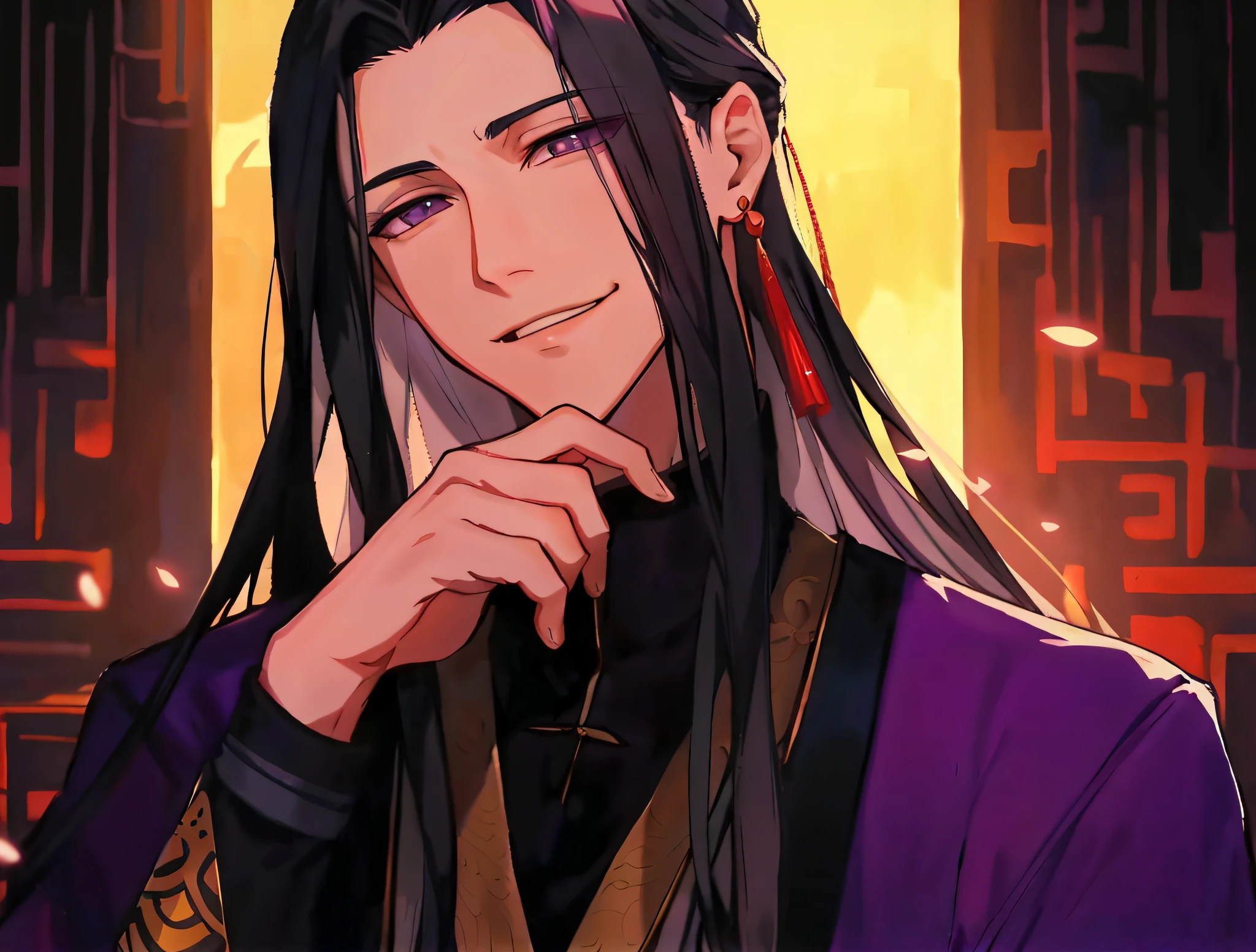 anime character with long black hair and purple outfit posing for a picture, heise jinyao, handsome guy in demon slayer art, zhongli from genshin impact, keqing from genshin impact, inspired by Huang Shen, beautiful androgynous prince, inspired by Guan Daosheng, inspired by Bian Shoumin, bian lian, delicate androgynous prince