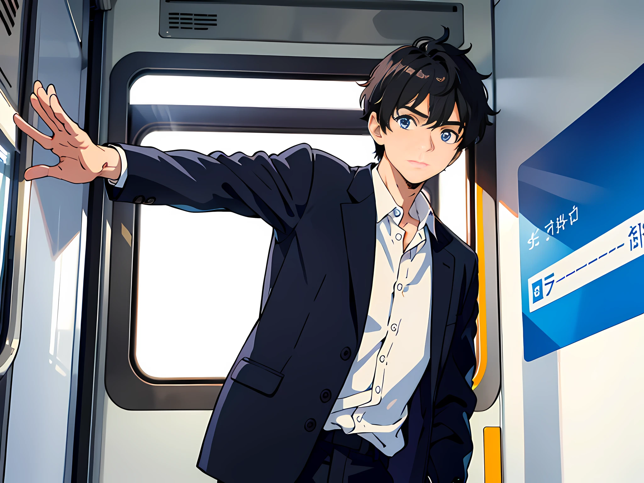 (1 man: 1.5), short black hair, blue eyes, white shirt, standing on the train, waving hands, ears pressed to the door, masterpiece, best quality