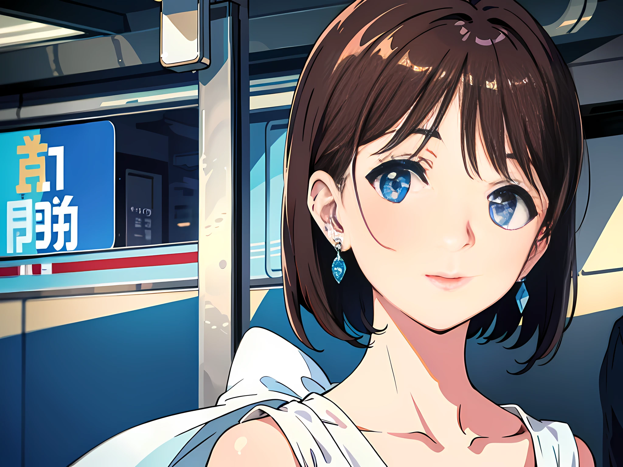 1 woman, brunette hair, blue pupils, delicate face, cute, love earrings, white dress, standing on the train, panic, ultra hd, masterpiece, best quality, super detail, ccurate