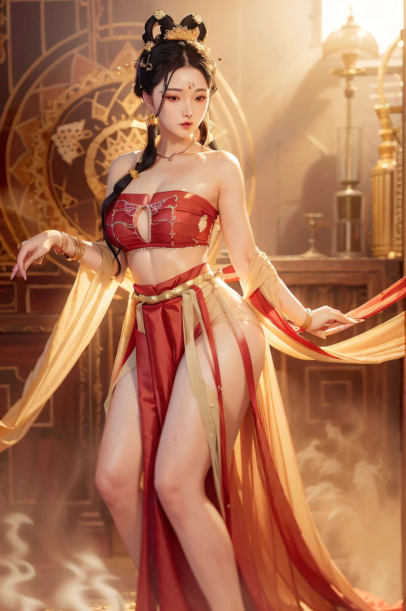 Very detailed CG unity 8k wallpaper, (masterpiece), (best quality), (ultra-detailed), (ultra-realistic), (best character detail: 1.36), Nikon d750 f/1.4 55mm, dynamic angle, professional lighting, photon mapping, radiosity, physically based rendering, blush, 1girl, mature woman,, golden ratio, (Kpop idol), (oil skin: 1.2), (oil skin: 1.1), makeup, [:(high Detailed face:1.2):0.2]:,PureErosFace_v1, ((curly black hair and delicate style)), (aegyo sal:1), (puffy eyes), (eyelashes: 1.1), (lips: 1.1), red lipstick, wide shoulders, (big breasts: 1.1), (cleavage: 1.1), sexy, drenched, bare shoulders, bare belly, (big ass: 1.2), bare legs, transparent silk gauze skirt, naked, see-through, Song dynasty, Song clothing , hyper-realistic photo, naked, squat, open legs, bare ass, transparent, bathing, bathing,