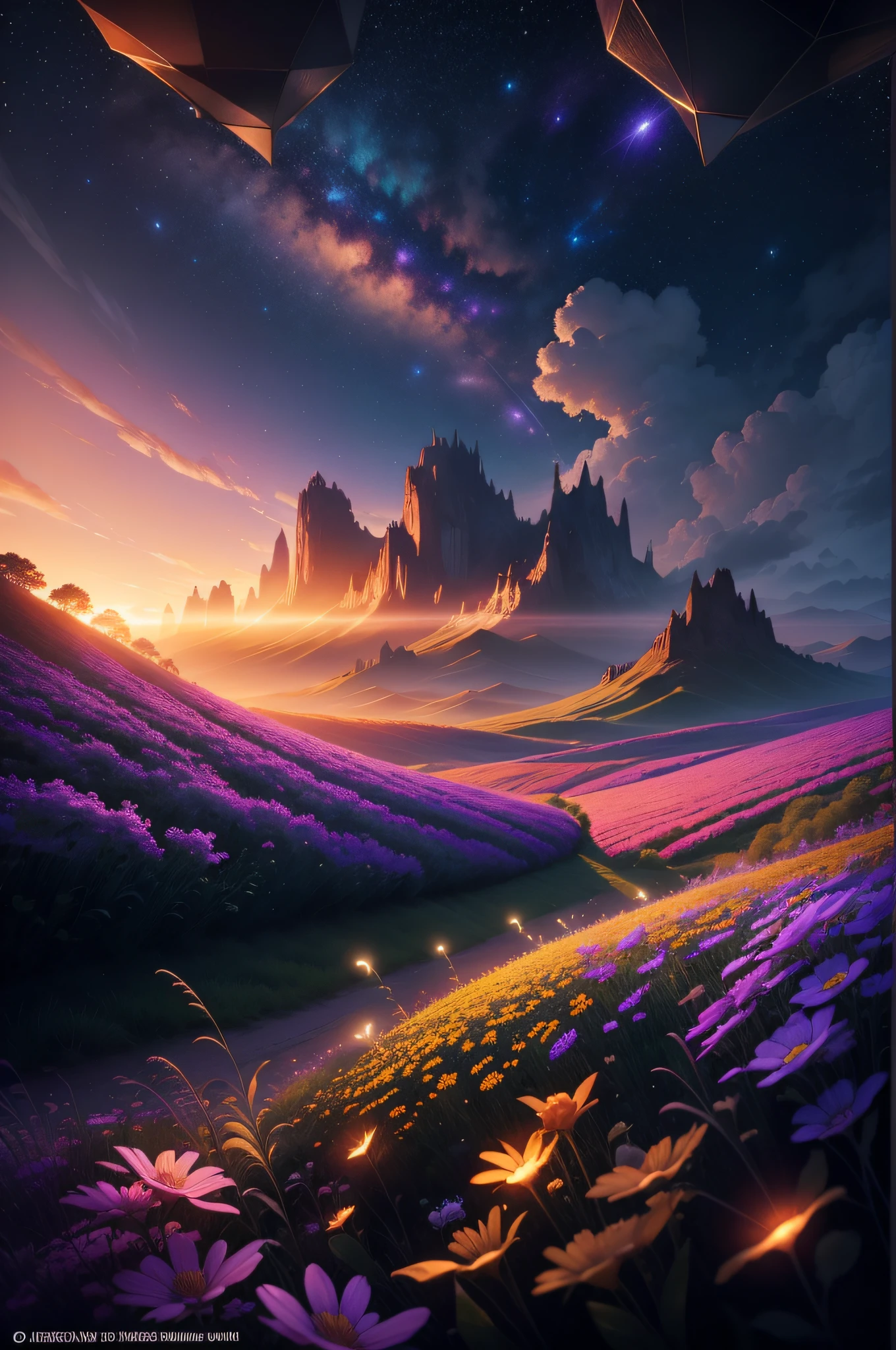 Vast sunrise landscape photos, (from below, sky above, open fields below), flower fields (best quality), 4k, ultra-detailed, (meteors: 0.9), (nebulae: 1.3), distant mountains, trees BREAK making art, (warm light source: 1.2), (fireflies: 1.2), lamps, lots of purple and orange, intricate details, volumetric lighting, realism BREAK (Masterpiece: 1.2), (Best Quality), 4K, Ultra-Detailed, (Dynamic Composition: 1.4), Very Detailed, Colorful Detail, (Iridescent Color: 1.2), (Glow Illumination, Atmospheric Lighting), Dreamy, Magical, (Solo: 1.2)