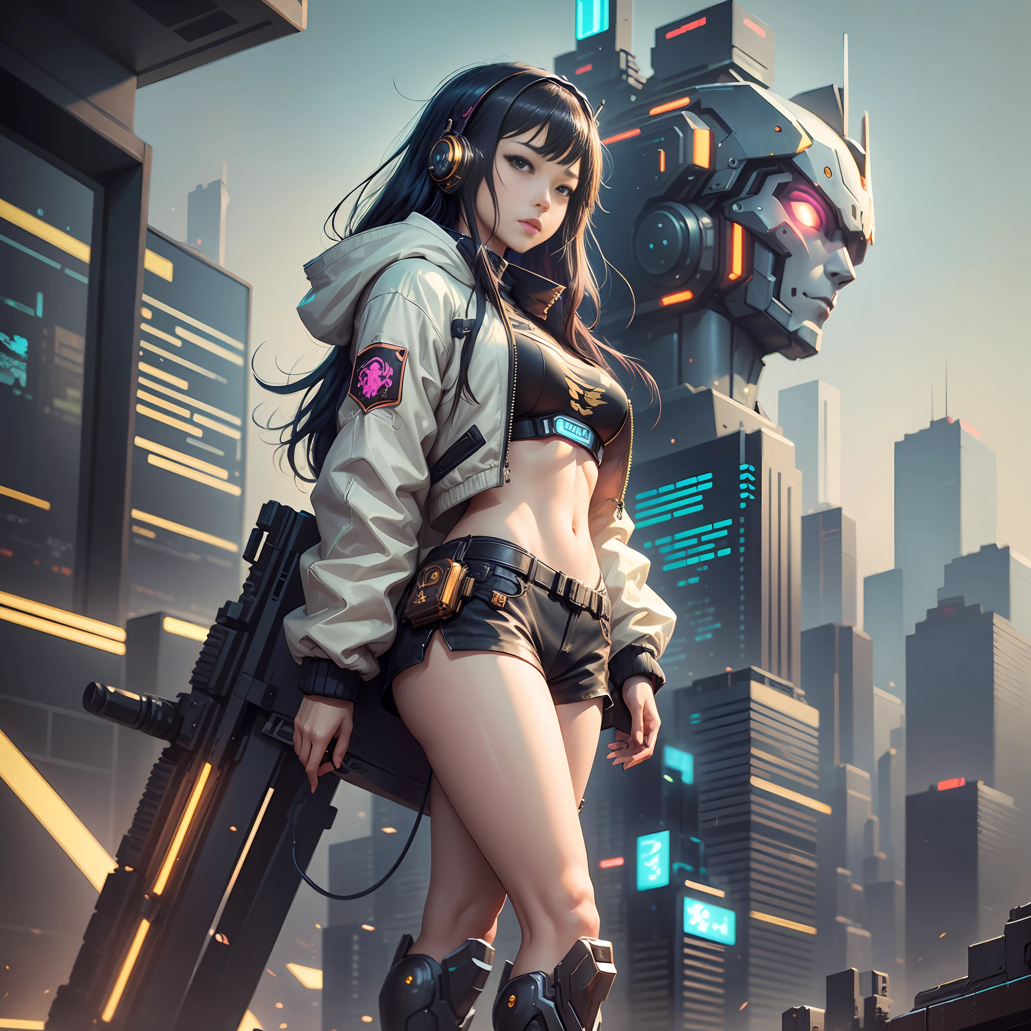Boutique,best quality,Gold jewelry,(slip out feet),Fairy skin,(Fidelity :1.2),Standing,Super Detailed,realistic,High quality,Movie Light,Ray tracking,Ultra HD,Upper body
Girl in shorts and jacket standing next to giant robot, Guweiz style artwork, CyberPunk mech, Trends on CGSTATION, Guweiz, Russell Dongjun Lu, digital cyberpunk anime art, Ross Tran 8 K, Guweiz on ArtStation Pixiv, Girl in mecha network armor --auto --s2